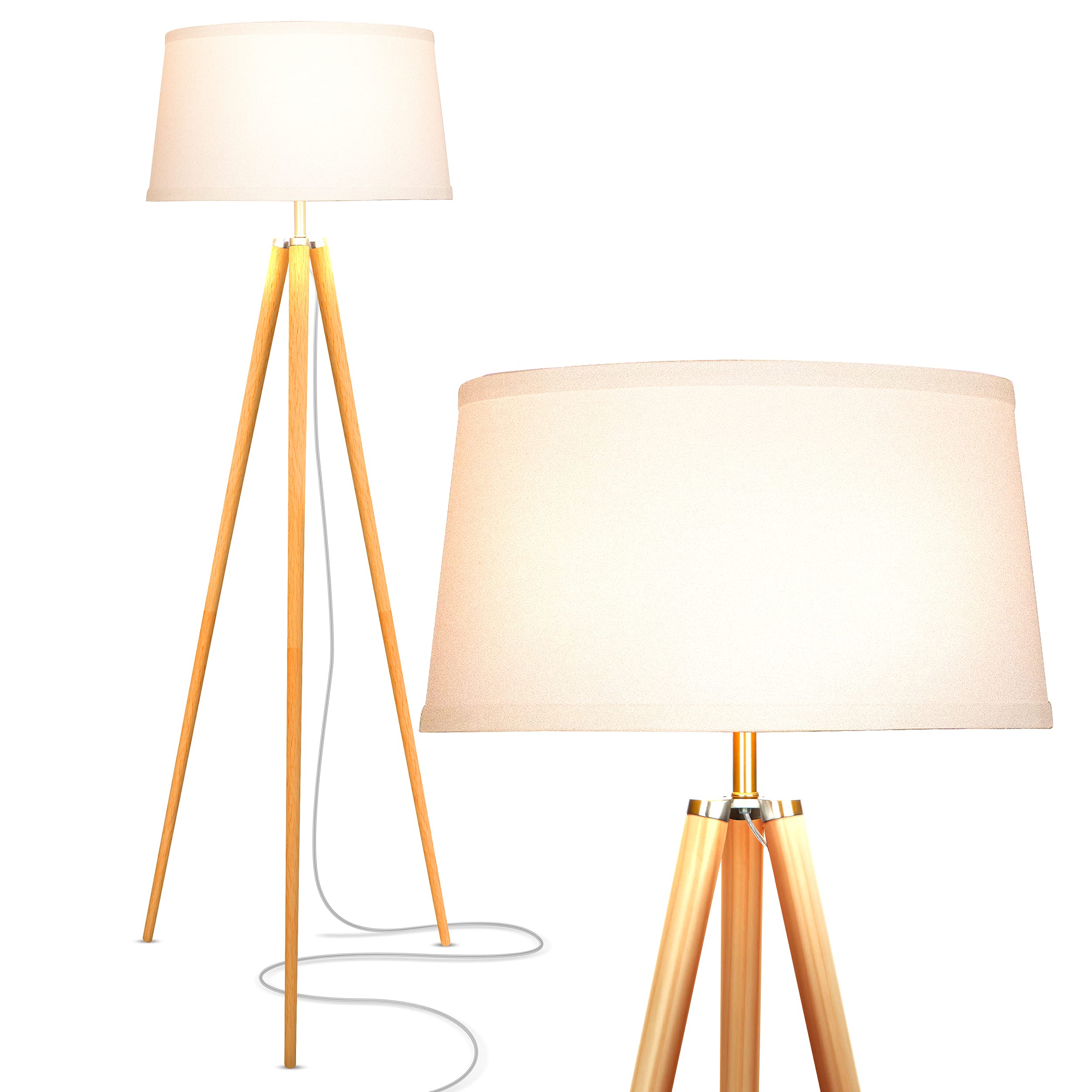 Brightech Emma LED Floor Lamp - Modern Wood Leg Standing Light for Bedroom, Living Room & Office - Adjustable Tripod Design for Reading & Decor - Energy Efficient LED Lighting for Home & Workspace
