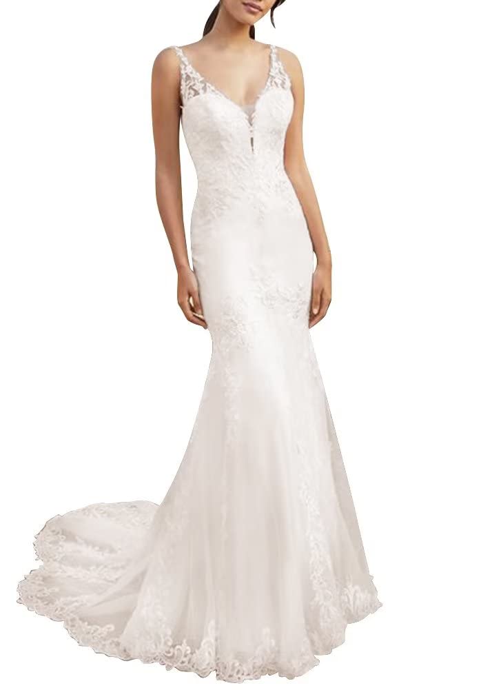 Elegant Lace Tulle Mermaid Wedding Dress for Bride 2023 - A-Line Formal Reception Gown with Boho Flowy Skirt | Perfect for Beach Weddings, Vow Renewals & Romantic Photoshoots
