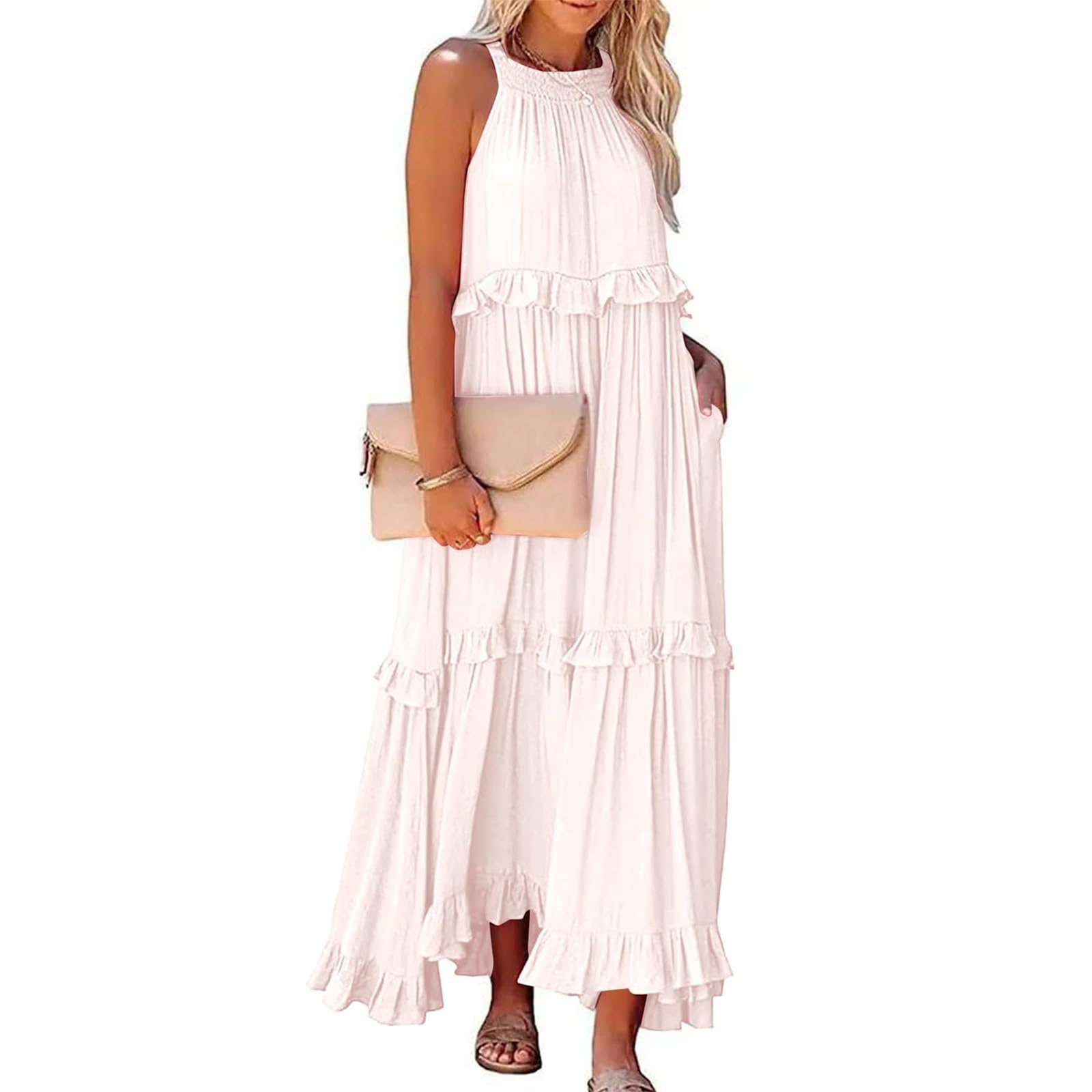 Women's Halter Neck Smocked Tiered Maxi Dress - Flowy Swing Summer Cocktail & Wedding Guest Dress with Pockets | Beach Party, Garden Wedding, Formal Occasions
