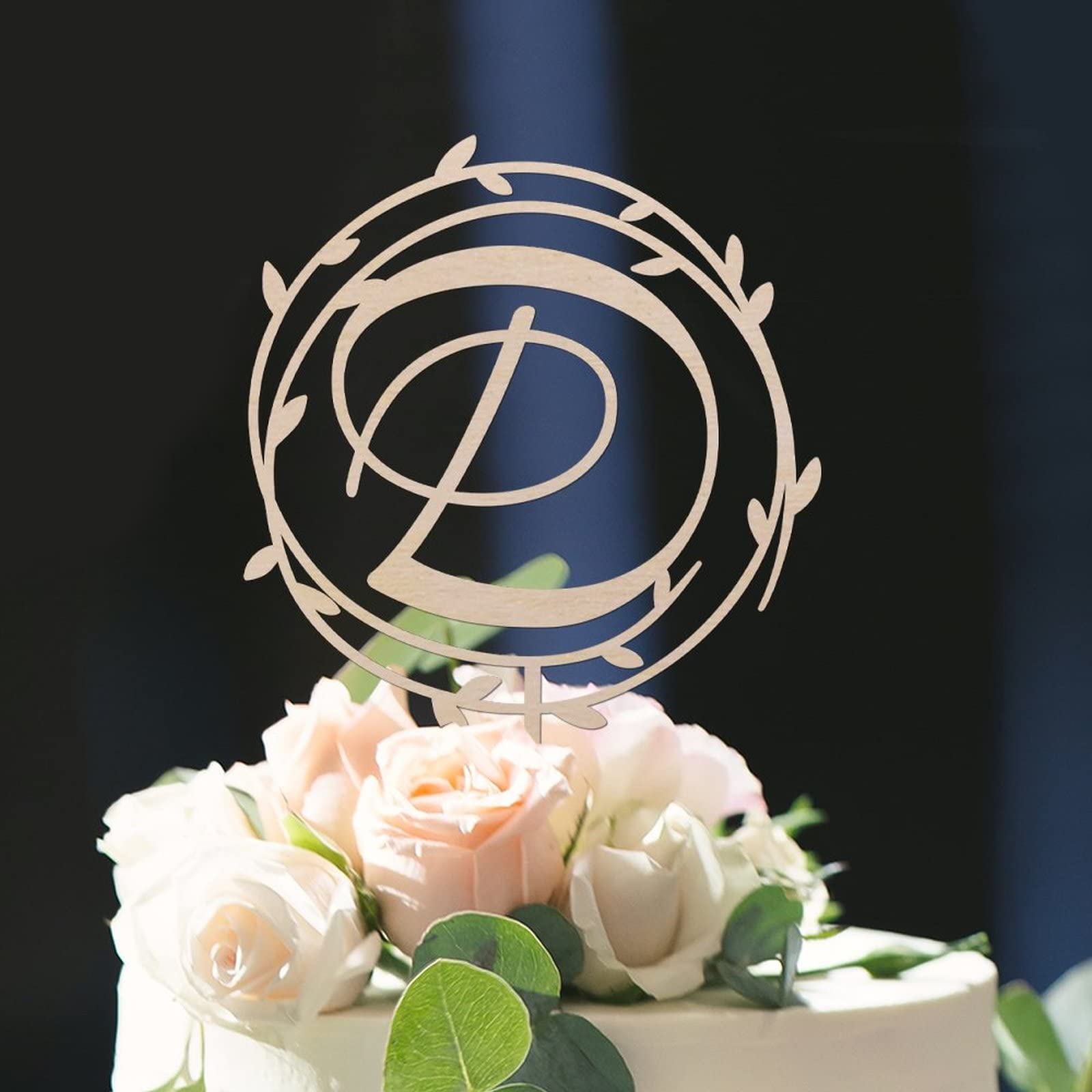 Personalized Wooden Monogram Cake Topper - Letter D Rustic Wedding & Birthday Cake Decoration - Custom Initial Wreath Topper for Wedding Cakes, Birthday Parties & Special Celebrations (Design 05)