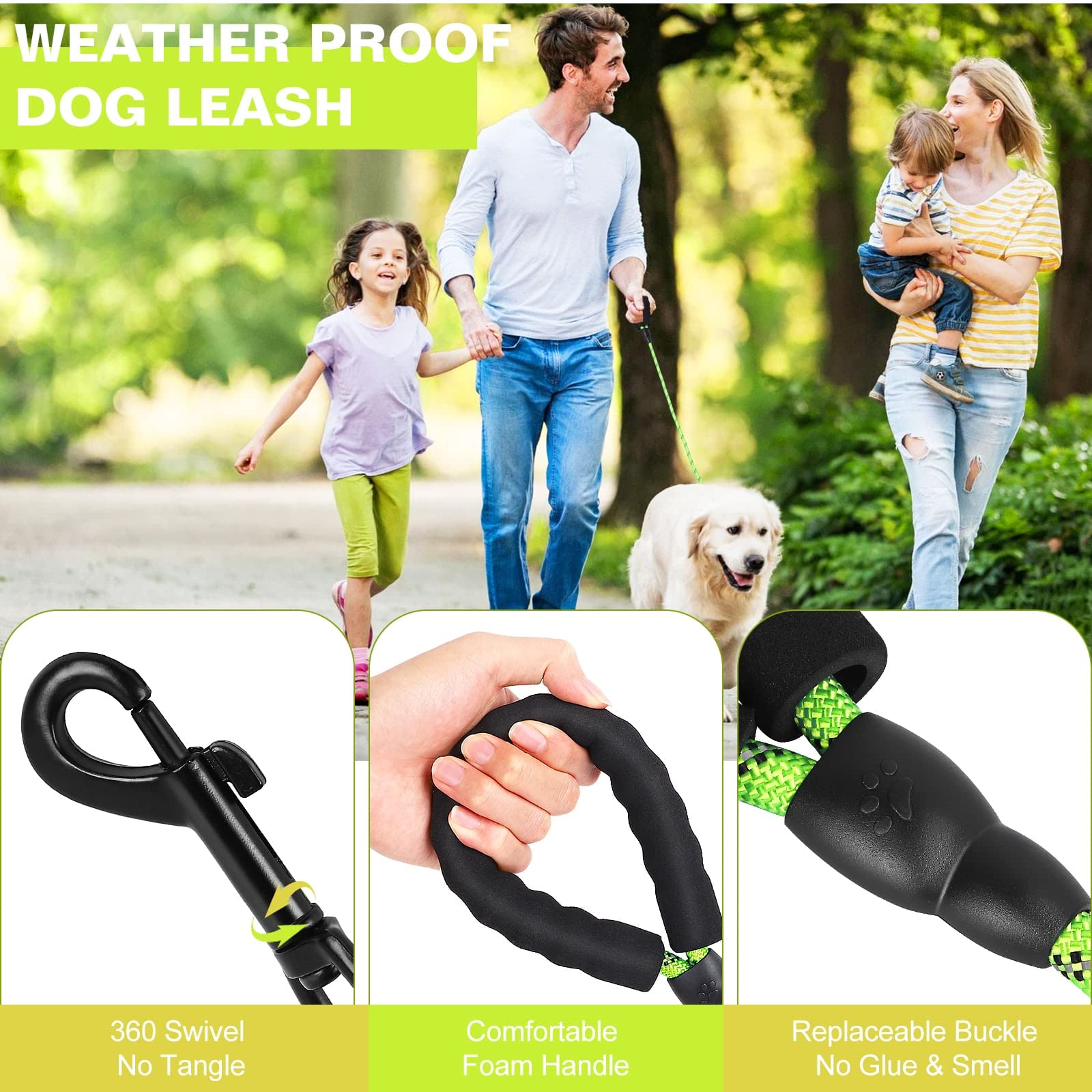 UrbanX Heavy Duty Dog Leash - 5FT Padded Handle Reflective Rope Leash for Medium Dogs Like Beabull | Durable Walking Lead for Training, Jogging & Night Safety (Green)
