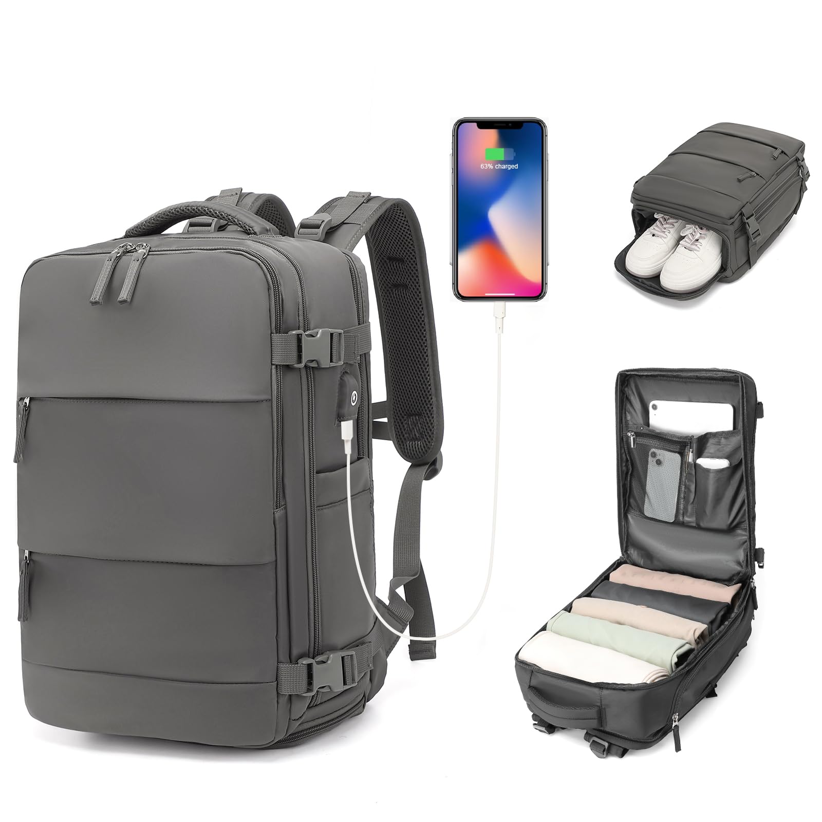Kono Large Travel Backpack with USB Charging Port & Shoe Compartment - 15.6 Inch Laptop Backpack for Men & Women - TSA Approved Carry On Flight Backpack with 11 Pockets - Perfect for Travel, Hiking, Business & Daily Commute