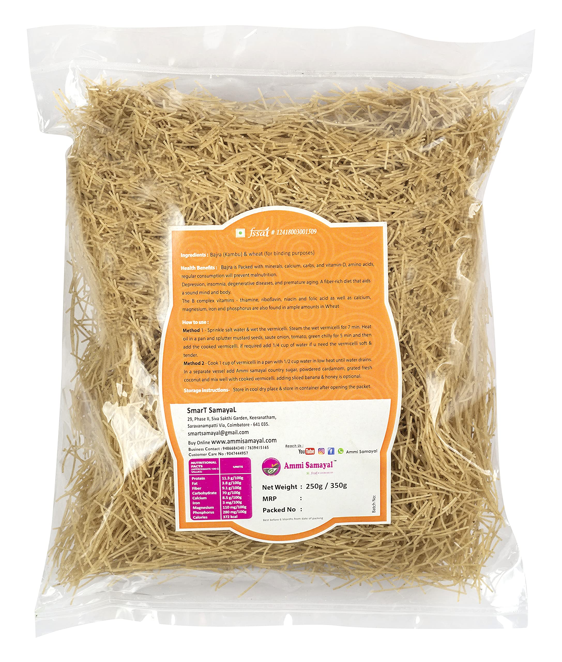 Organic Bajra Vermicelli (Semia) - Pearl Millet Rich in Fiber, Magnesium & Iron | Kambhu Sevai | Healthy South Indian Breakfast | Gluten-Free & Vegan | Pack of 1 (350g) | Perfect for Quick Meals, Snacks & Traditional Indian Dishes