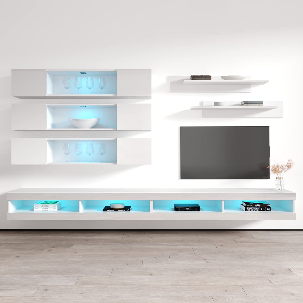 Modern White Wall-Mounted TV Stand with Storage Shelves & LED Lights - Floating Entertainment Center Console for Living Room & Bedroom - Space-Saving Furniture for Small Apartments & Home Theaters