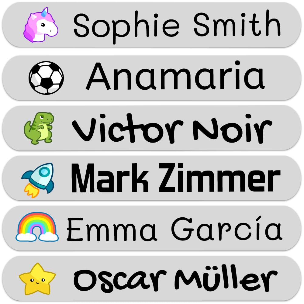 50 Personalized Waterproof Name Stickers for Kids - Custom Vinyl Labels for School Supplies, Books, Toys, Lunch Boxes (2.3x0.4 Inch, Light Grey) - Perfect for Organizing & Identifying Children's Belongings