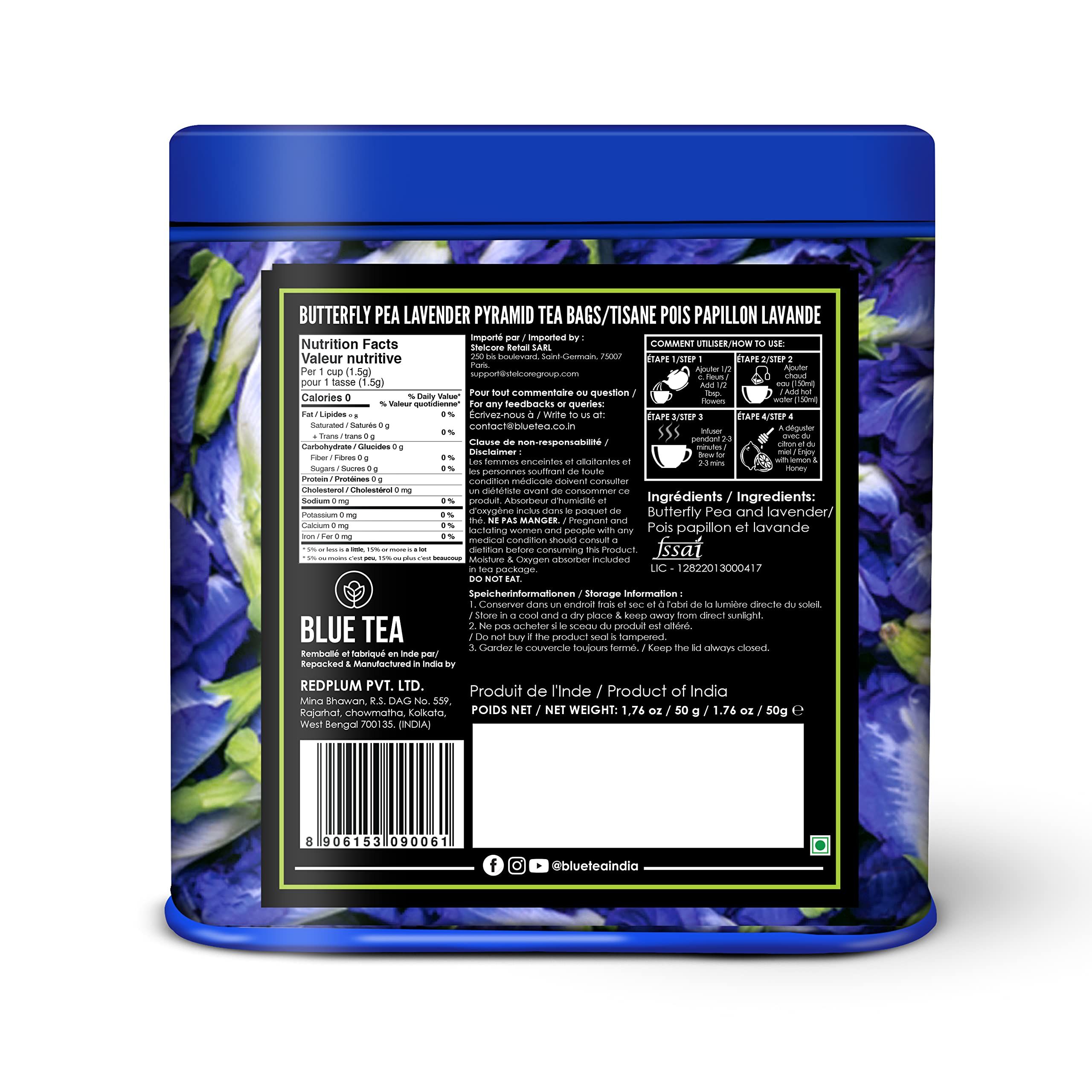Organic Blue Butterfly Pea Flower Tea with Lavender - 30 Pyramid Tea Bags | Antioxidant Rich Herbal Tea | Caffeine Free, Vegan, Gluten Free, Non-GMO | Detox & Relaxation | Perfect for Stress Relief, Meditation & Wellness Rituals | Eco-Friendly Tin Packaging