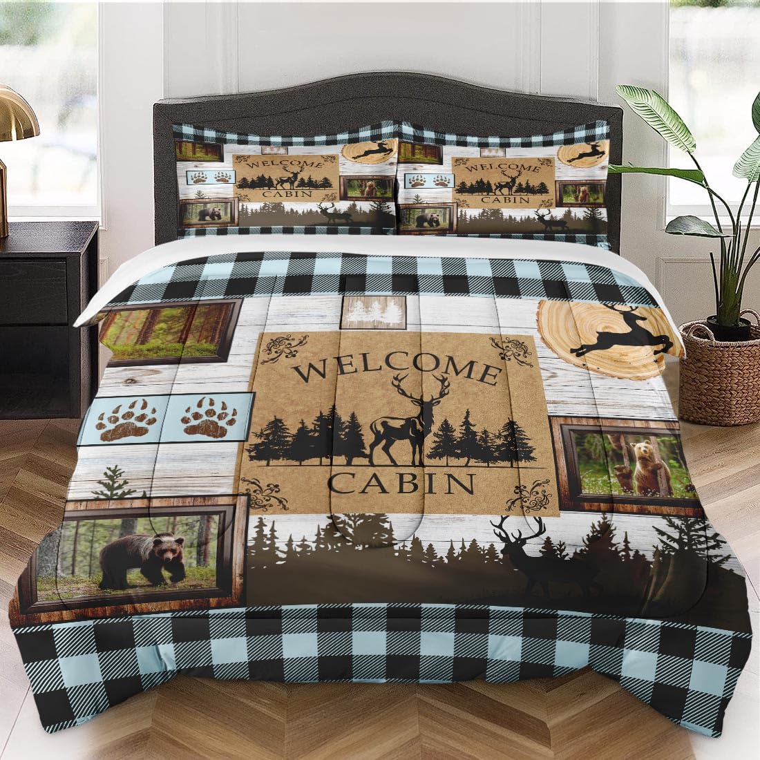 Vintage Deer Bear Animal King Size Comforter Set - Soft Green Summer Tree Panda Bedding for Kids & Adults, Includes 2 Pillowcases - Perfect for Bedroom Decor & Cozy Sleep