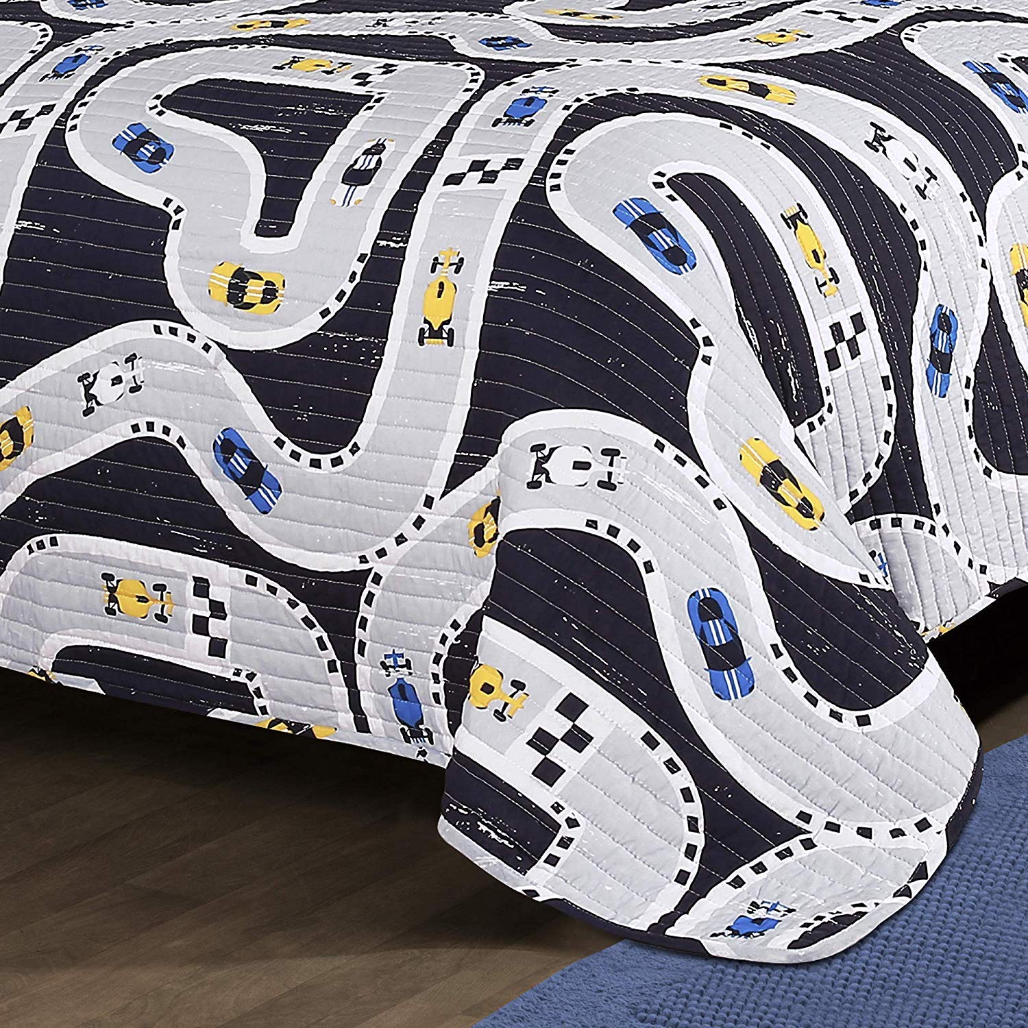 Reversible Kids Car Tracks Quilt Set - Twin Navy for Boys Bedroom