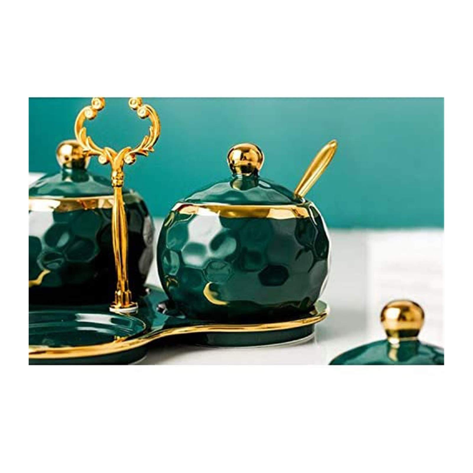 3PCS Ceramic Condiment Pots with Lids & Spoons - Spice Jars, Sugar Bowls, Salt & Pepper Containers - Elegant Serving Tray for Kitchen, Dining Table & Housewarming Gifts (Color A)