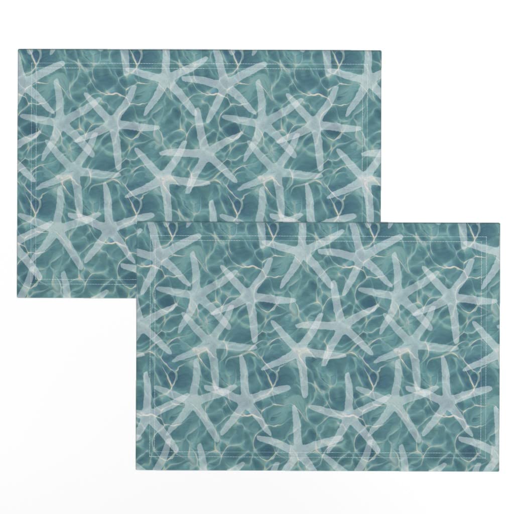 Spoonflower Linen Cotton Canvas Placemats Set of 2 - White Starfish Caribbean Ocean Nautical Coral Reef Swim Print Cloth Table Mats for Dining, Kitchen, Beach Party & Coastal Home Decor