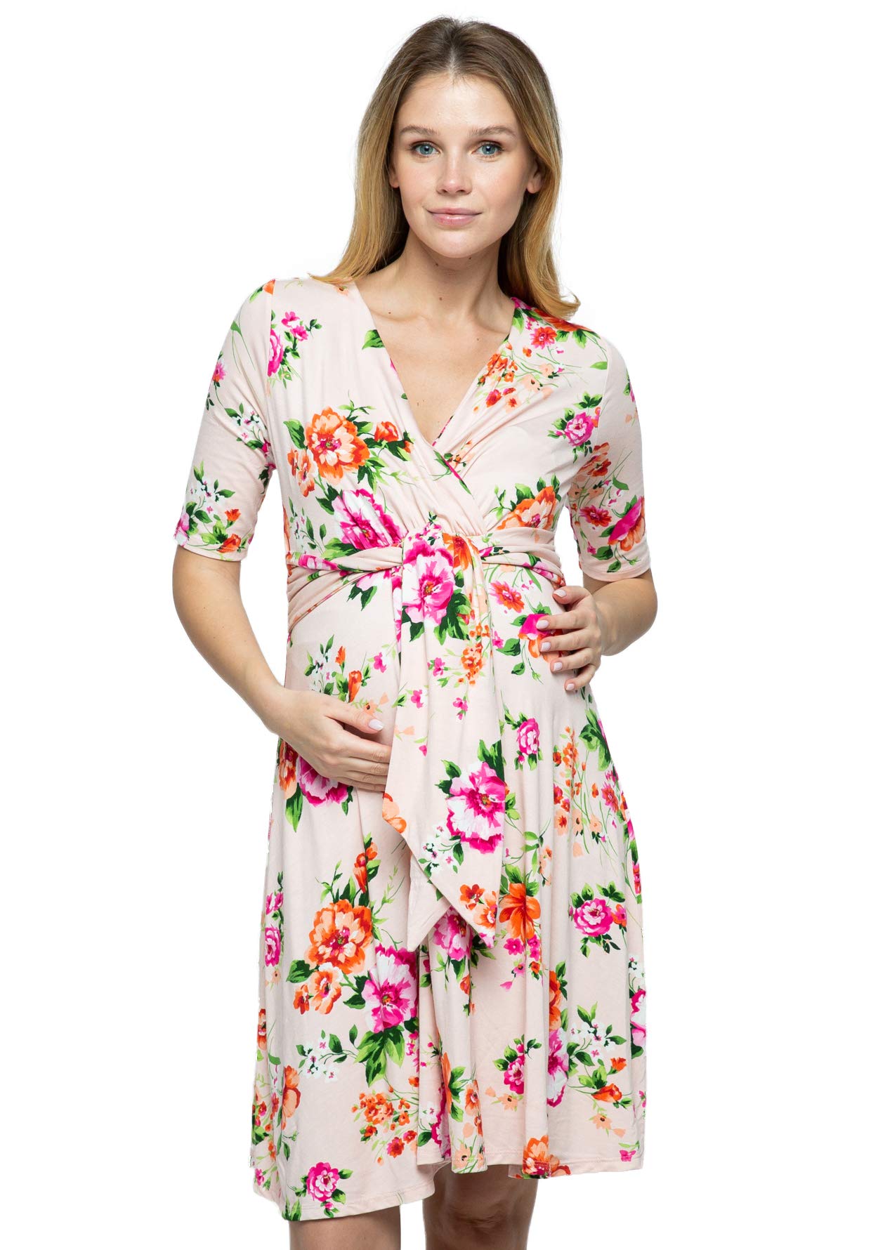 HELLO MIZ Women's Maternity Short Sleeve Wrap Dress - Knee Length Nursing Dress for Pregnancy & Baby Shower - Perfect for Maternity Photos, Bridal Showers & Special Occasions