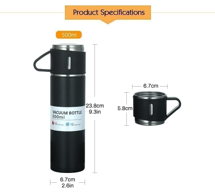 Premium Sambhua Stainless Steel Vacuum Insulated Water Bottle & Coffee Tumbler Set (500ml) - 3-Piece Hot & Cold Travel Mug Gift Box for Office, Gym, Hiking & Outdoor Activities | BPA-Free Black Thermal Flask