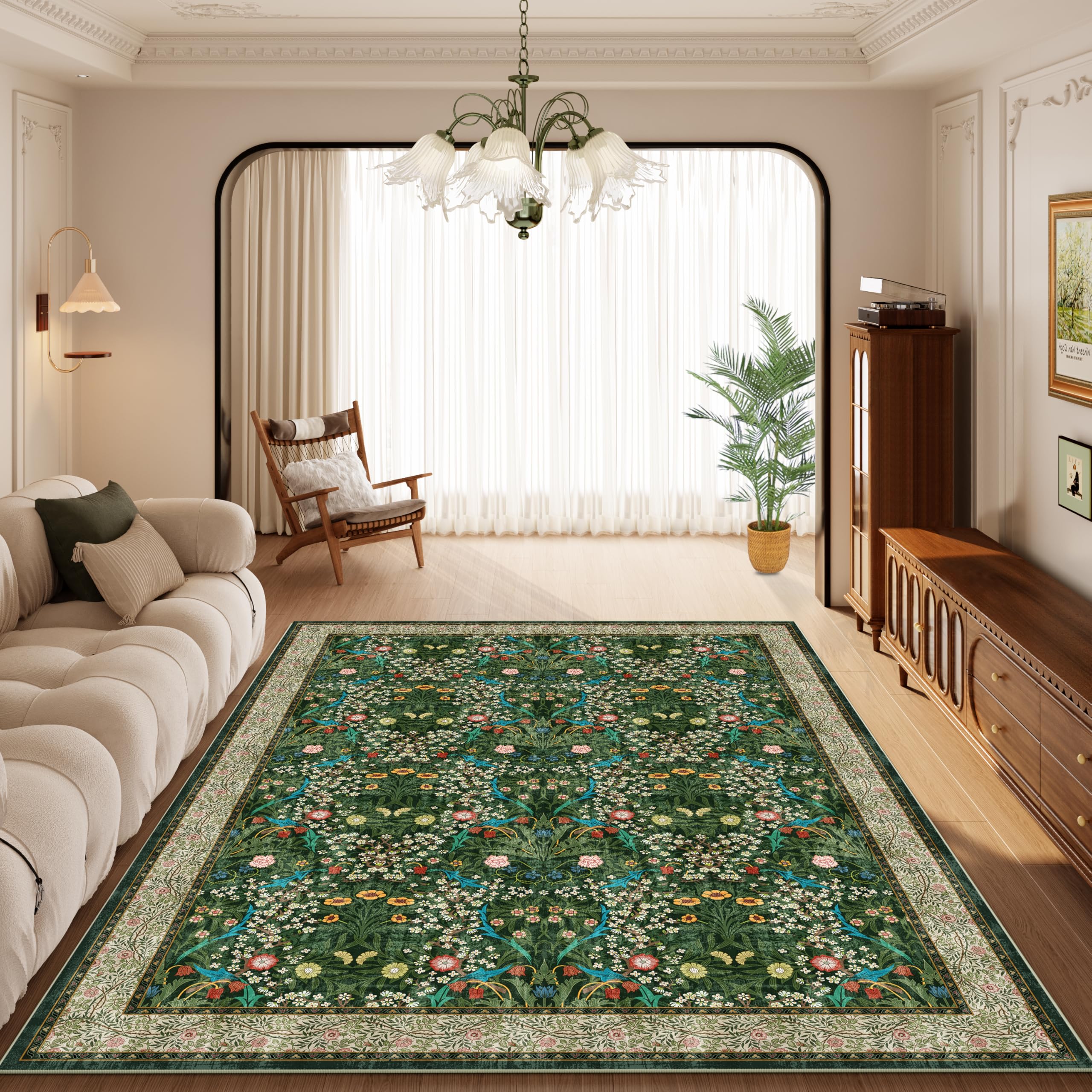 5x7 Washable Area Rugs - Non-Slip Vintage Green Low Pile Rug for Living Room, Bedroom, Dining Room, Kitchen, Entryway & Dorm - Perfect for Hardwood Floors & High Traffic Areas