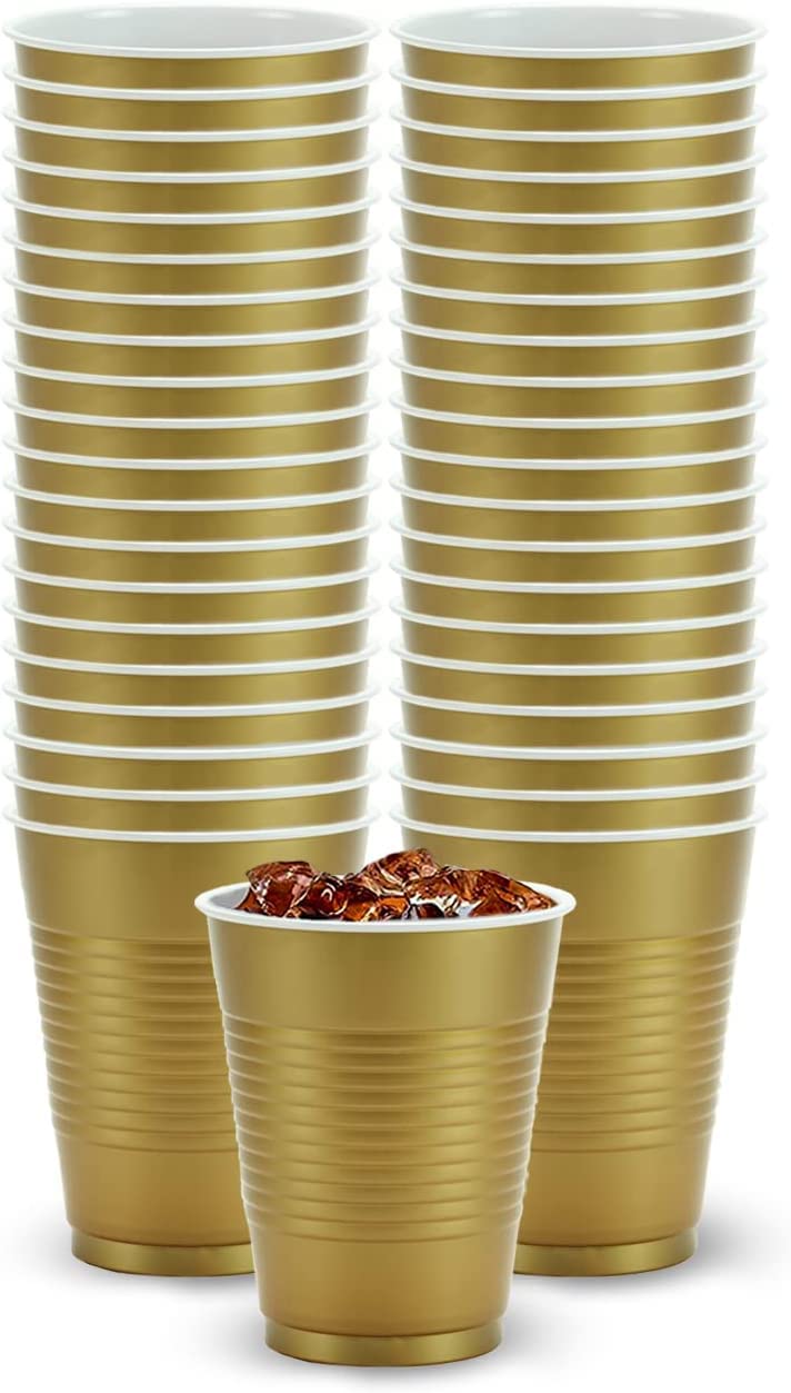 Hanna K Signature 600 Disposable Plastic Party Cups - 18oz Gold Cups for Weddings, Birthday Parties & Events - Bulk Pack of 600 Elegant Gold Plastic Cups