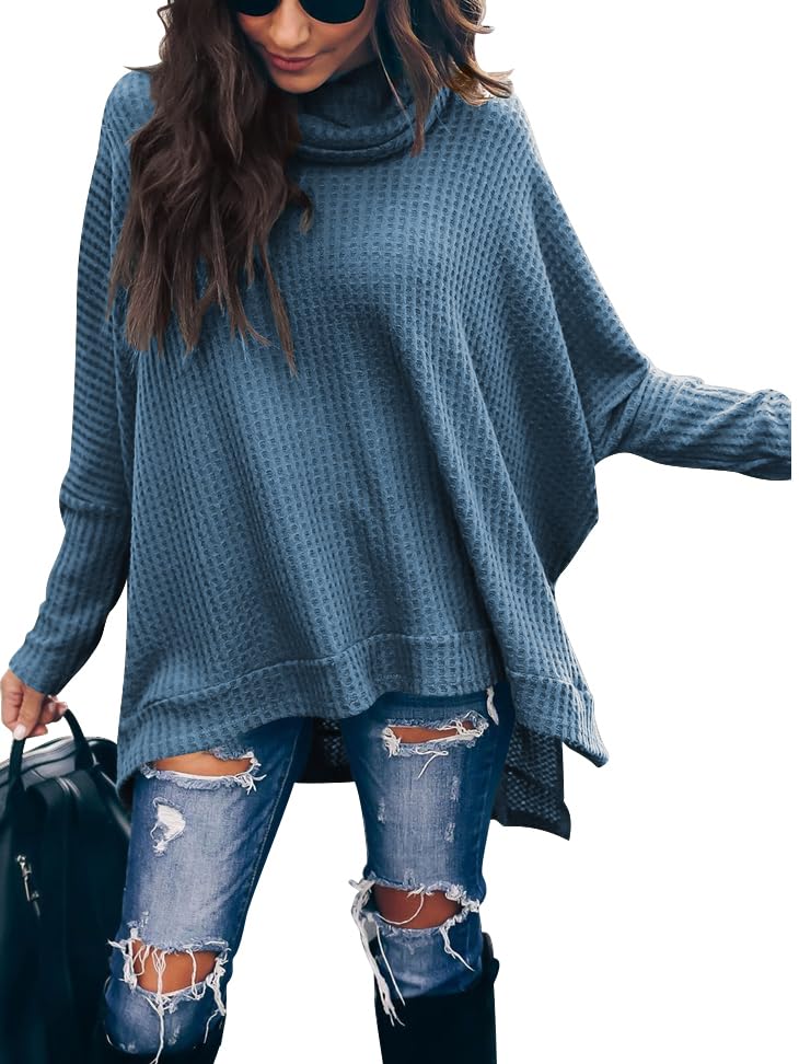 Caracilia Women's Oversized Turtleneck Sweater - Batwing Long Sleeve Waffle Knit Pullover with Split Hem | Cozy Winter Tunic Top for Casual Outfits, Office Wear & Holiday Fashion 2024