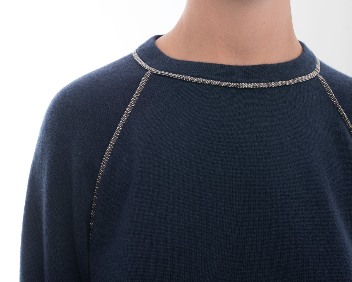 Brunello Cucinelli Navy Blue Cashmere Sweater with Bead Trim - Size M | Luxury Women's Knitwear for Fall & Winter | Perfect for Office, Parties & Holiday Gatherings