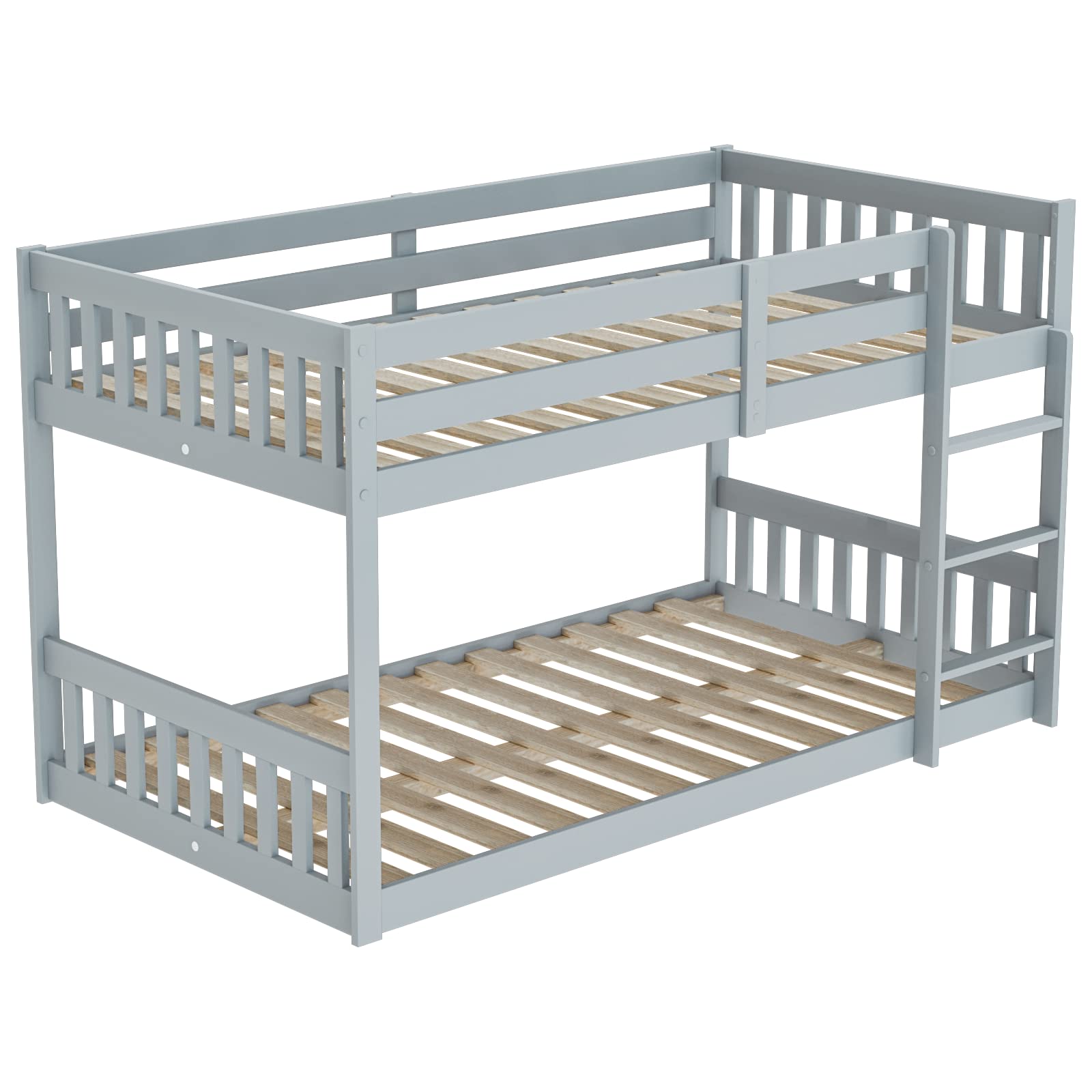 JOYMOR Twin Over Twin Solid Wood Bunk Bed for Kids & Teens with Ladder & Safety Rail - Space-Saving Bed Frame for Small Bedrooms, Dorm Rooms & Shared Kids' Rooms - Gray (Mattress Not Included)
