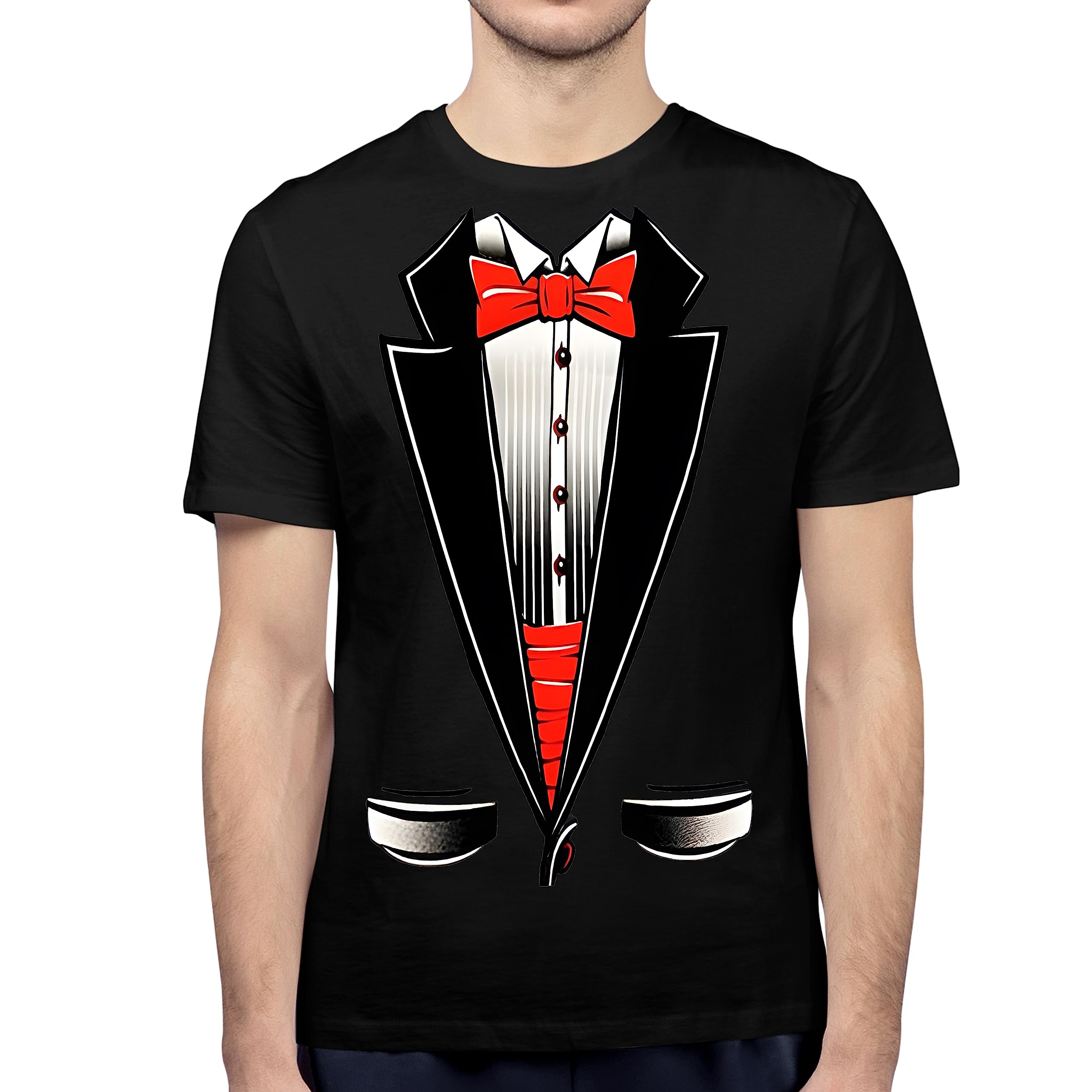 Fresh Tees Unisex Tuxedo Shirt with Red Bowtie - Funny Formal T-Shirt for Women & Men | Perfect for Costume Parties, Office Pranks and Casual Wear