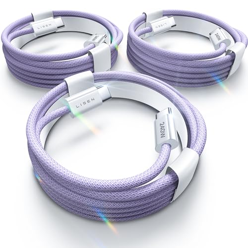 LISEN 3-Pack USB C Fast Charging Cable [3.3/6.6/10FT] 240W PD Charger Cord - Purple, Compatible with iPhone 15/Pro/Plus/Pro Max, MacBook Pro, Samsung S24+/S24 Ultra, iPad Pro - Perfect for Home, Office & Travel Charging