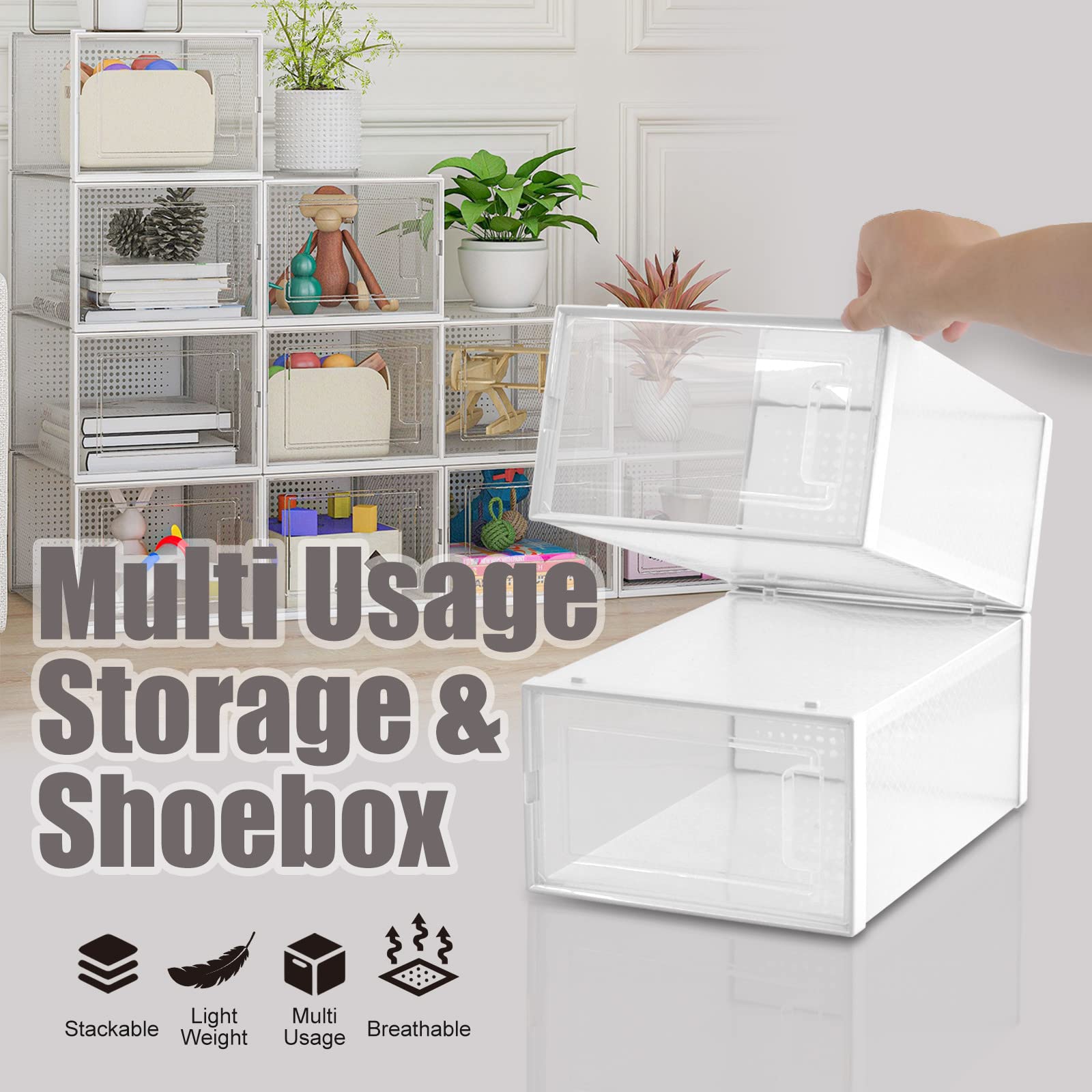 6-Tier Collapsible Stackable Shoe Organizer Rack - Clear Plastic Shoe Storage Cabinet for Closet & Entryway - Space Saving Shoe Boxes with Lids for Men, Women, Kids (Small/Medium/Large) - Perfect for Sneakers, Boots & Seasonal Shoe Organization