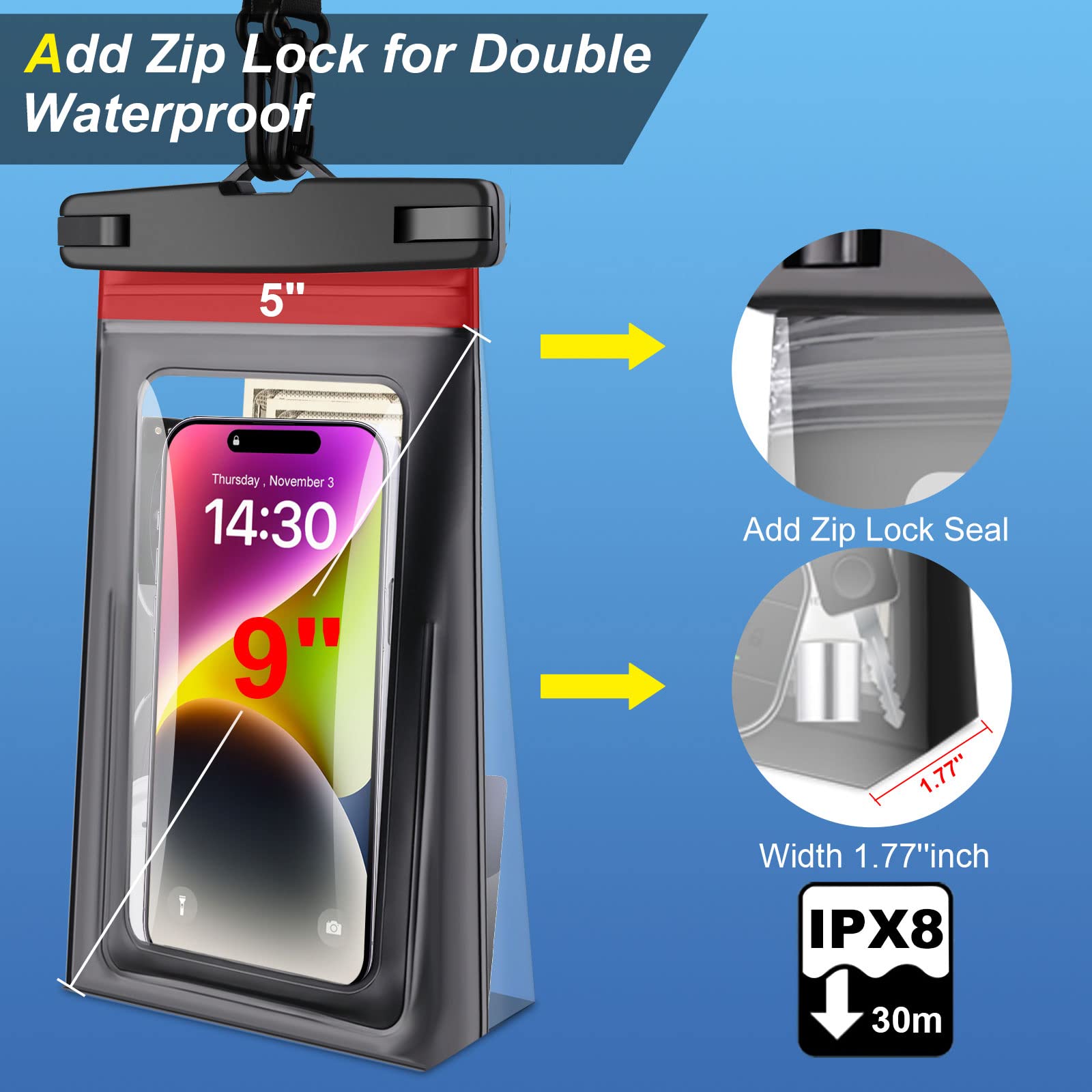 Waterproof Phone Pouch for iPhone 16 15 14 13 12 11 Pro Max & Samsung - IPX8 Dry Bag with Sealing Strip (2 Pack, 9 Inch) - Perfect for Beach, Swimming, Cruise & Water Sports