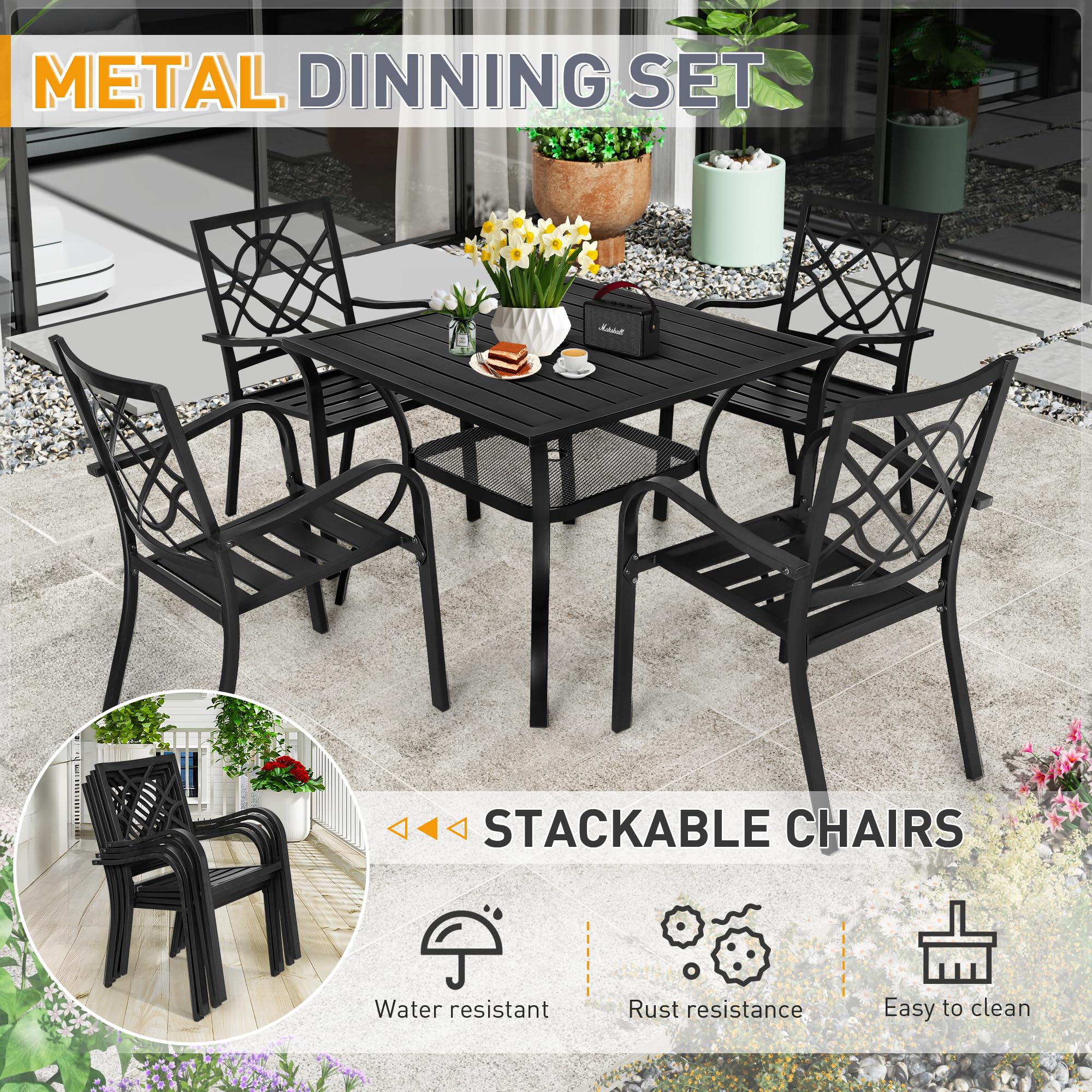 SUNCROWN 5-Piece Outdoor Wrought Iron Patio Dining Set - 4 Stackable Metal Chairs & 1 Steel Slat Bistro Table for Garden, Backyard, Deck - Perfect for Outdoor Entertaining, BBQ Parties, and Relaxing in Your Yard