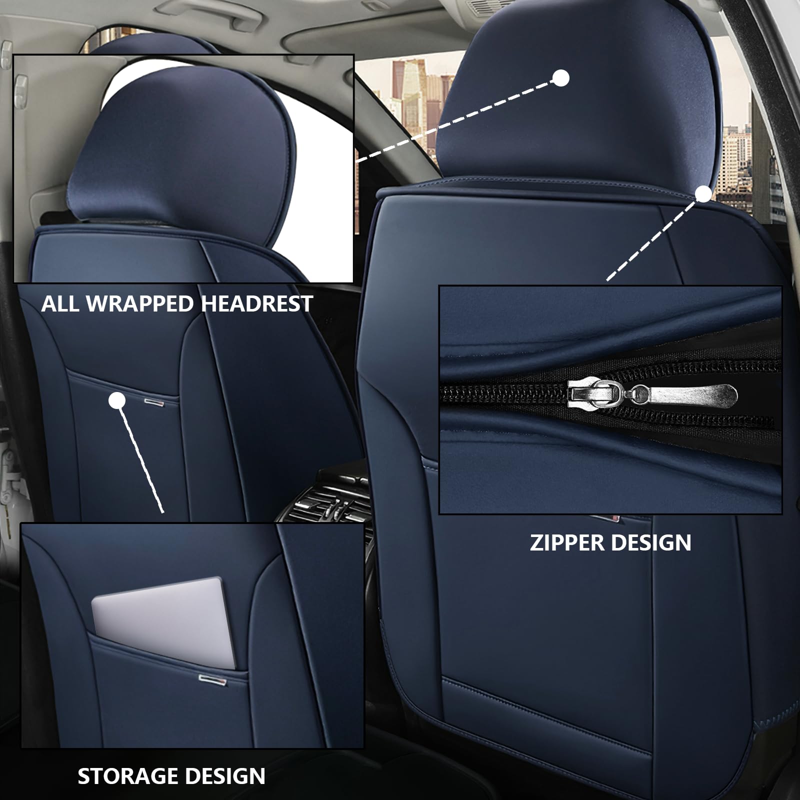 Premium Waterproof PU Leather Car Seat Covers for Volkswagen Atlas Cross Sport 2020-2025 - Soft Breathable Seat Protectors with Storage Pockets & Comfort Pillows (Blue & White, Front Set) - Perfect for Road Trips, Daily Commutes & Family Protection