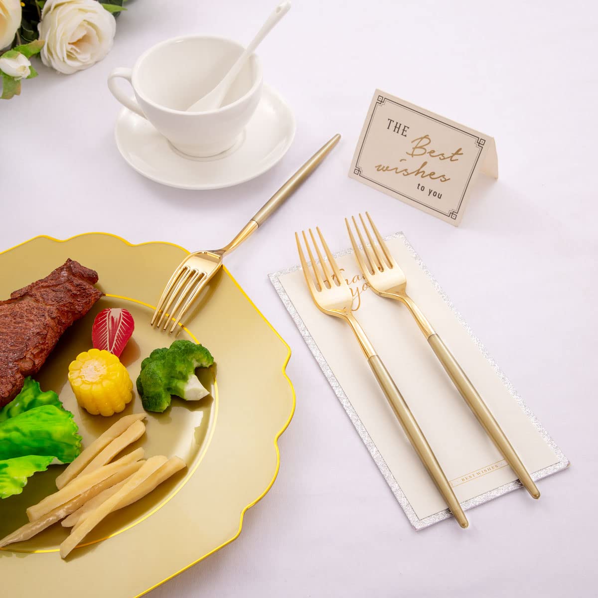 102-Piece Gold Plastic Silverware Set - Disposable Flatware with Dark Gold Handle (34 Forks, 34 Knives, 34 Spoons) + 60 Platinum Plastic Plates (30 Gold & 30 Dessert Plates) - Elegant Party Tableware for Weddings, Birthdays & Special Events
