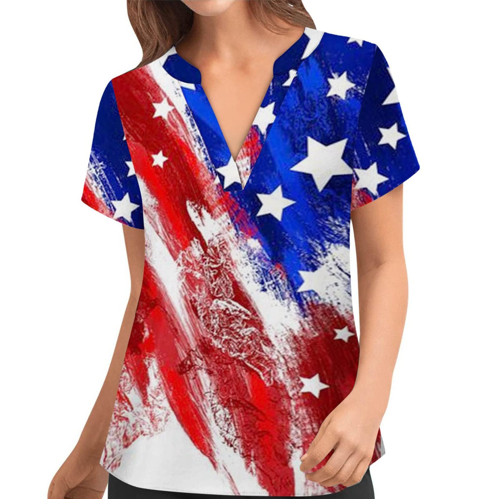 Women's 4th of July Tie Dye Short Sleeve Henley Scrub Tops with Pockets - Patriotic Work Uniform & Summer Casual Wear for Nurses, Medical Professionals & Independence Day Celebrations