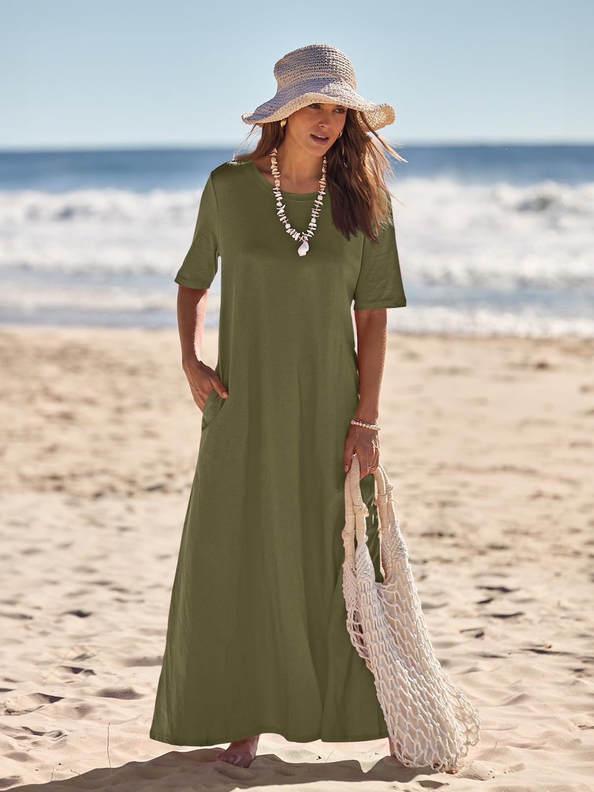 MEROKEETY Women's 2025 Spring Summer Casual Maxi Dress - Short Sleeve Crewneck Long T-Shirt Dress for Beach Vacation & Everyday Wear | Flowy Comfort Dress for Outings, Travel & Relaxation