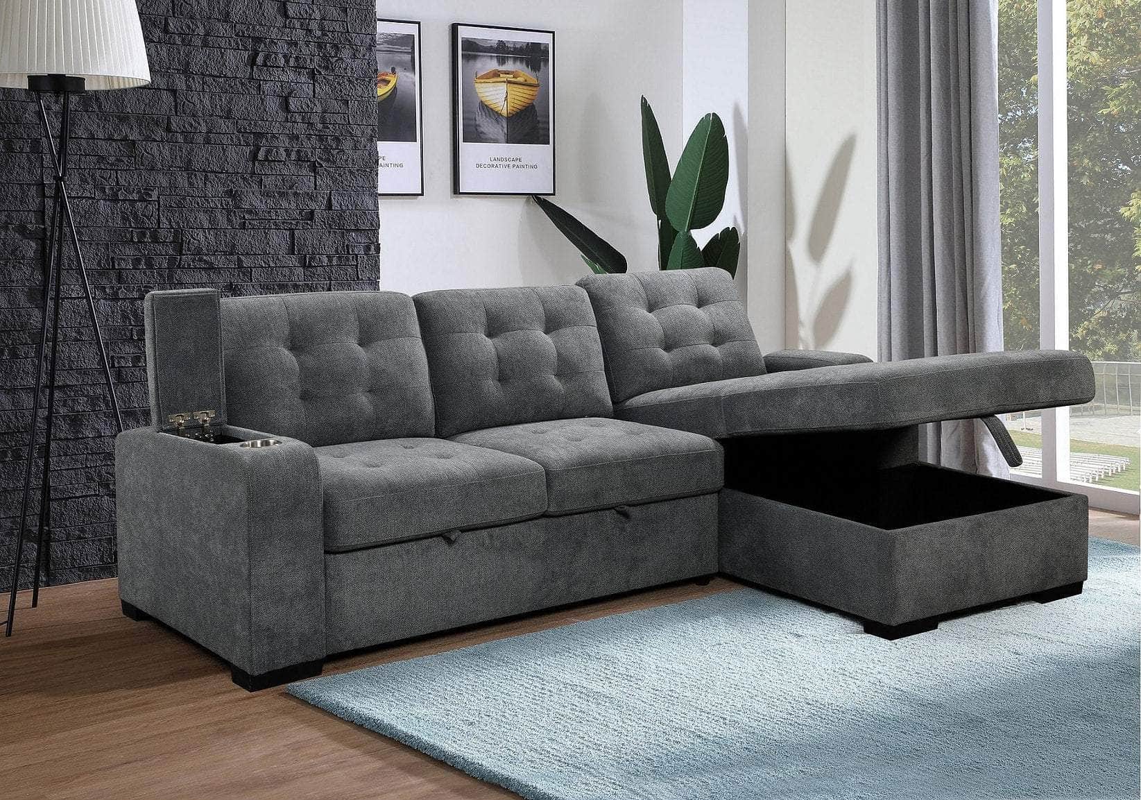 Sunnybrook Sleeper Sectional Sofa Bed with Cupholders & Storage Chaise - Grey Convertible Couch for Small Spaces | 2 Configurations Available | Perfect for Guest Rooms, Apartments & Home Theaters