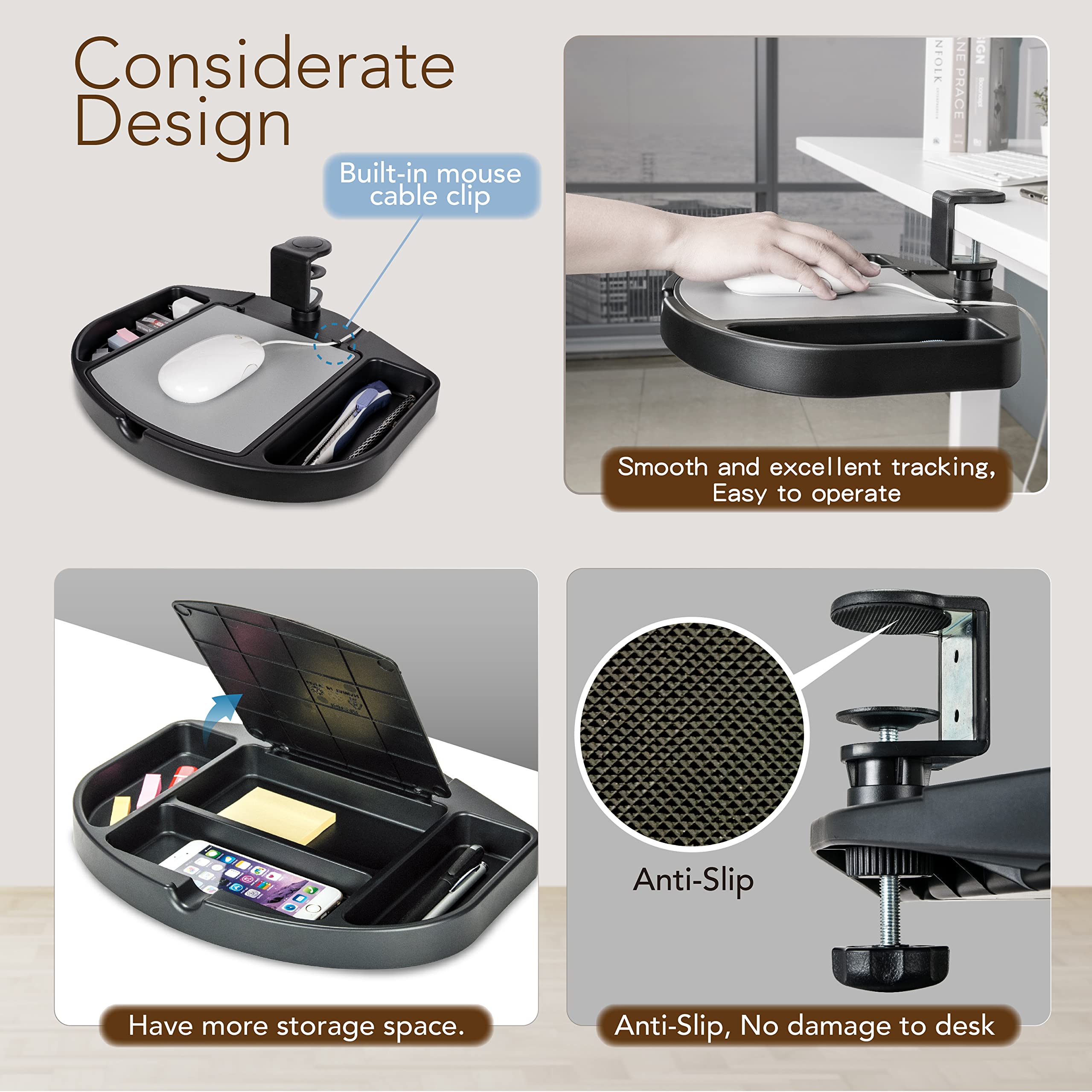 EHO Clamp-On Desk Organizer - Multifunctional Under Desk Storage with Pencil Holder, Mouse Pad & Swivel Design | Spill-Proof & Easy Installation | Reduce Clutter for Home Office & Workspace | TAA-Compliant