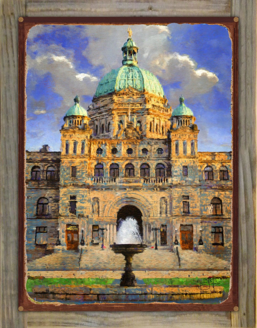 Rustic Metal Print of Victoria BC Parliament Building on Reclaimed Barn Wood - 17x23 Inch Canadian Artwork by Lisa Sofia Robinson - Perfect for Home Office & Cabin Decor