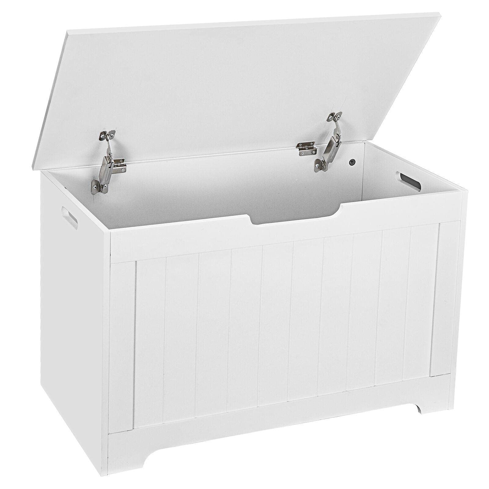 White Wooden Storage Chest Bench with 2 Safety Hinges - Multi-Functional Toy Box, Bedroom Furniture & Cabinet Organizer for Kids Room, Living Room, and Nursery Storage Solutions