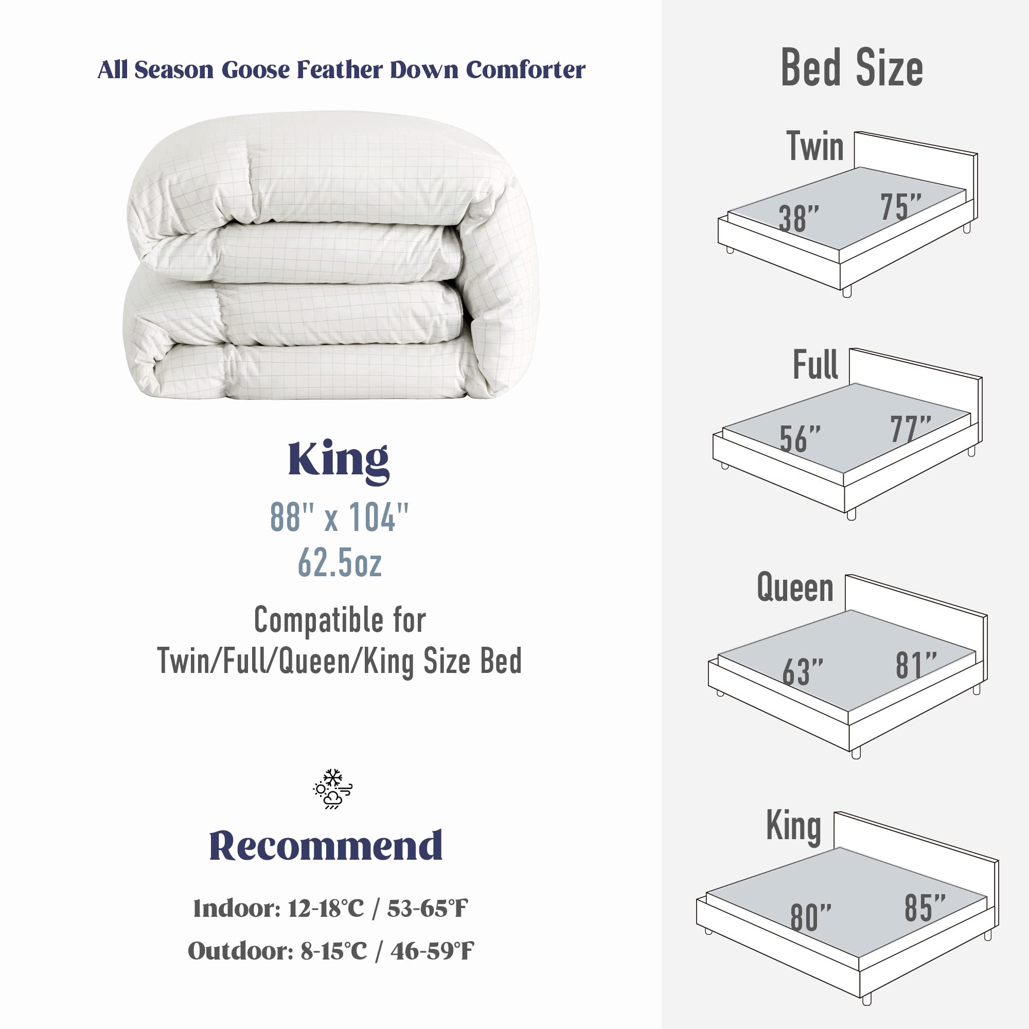 Puredown White Grid Feather Comforter King Size - All Season Medium Warmth Duvet Insert with Corner Tabs - 104x88 Inches - Perfect for Master Bedroom, Guest Room & Cozy Winter Nights (White Grid, King)