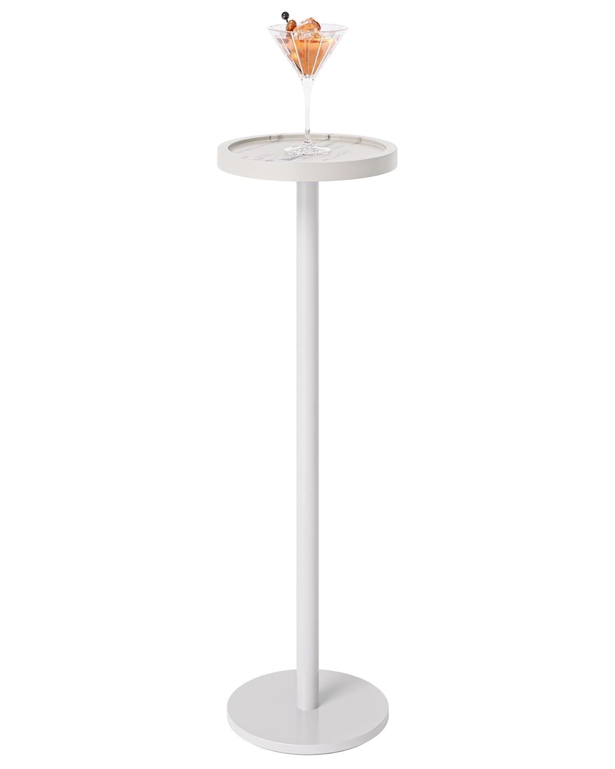 White Faux Marble Round Cocktail Table with Metal Base - Small Pedestal Side Table for Living Room, Bedroom, or Office - Perfect Drink Table for Compact Spaces & Home Decor