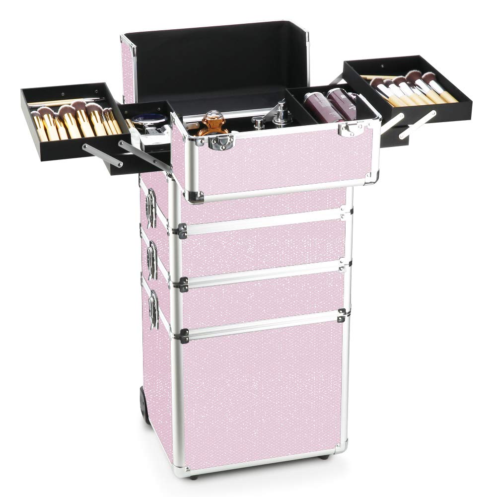 OUDMAY 4-in-1 Professional Makeup Train Case with Aluminum Frame & Folding Trays - Pink Diamond Cosmetic Organizer for Travel, Salon, and Home Beauty Storage