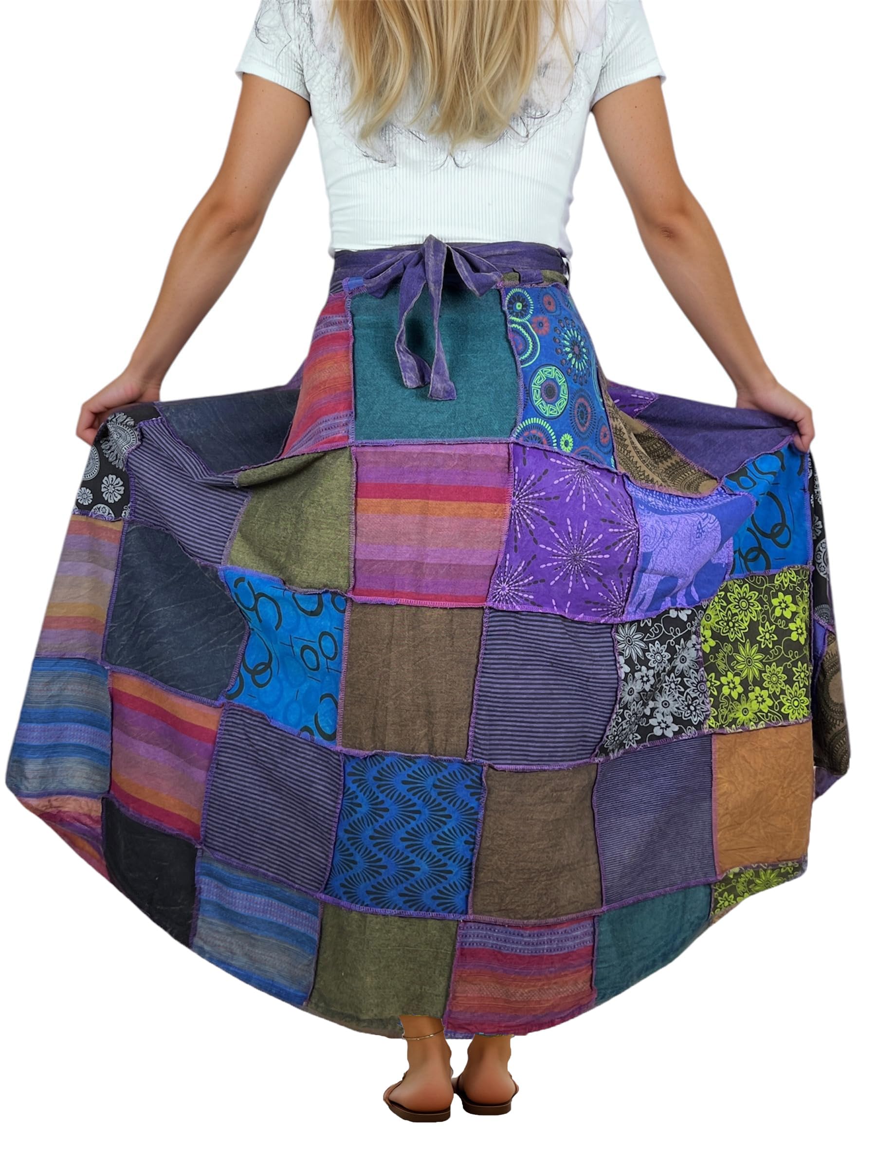 **Agan Traders Women's 2025 Spring & Fall Boho Maxi Skirt – High Waisted Long Skirt with Patchwork & Tie-Up Design – Perfect for Beach, Festival, and Casual Wear**
