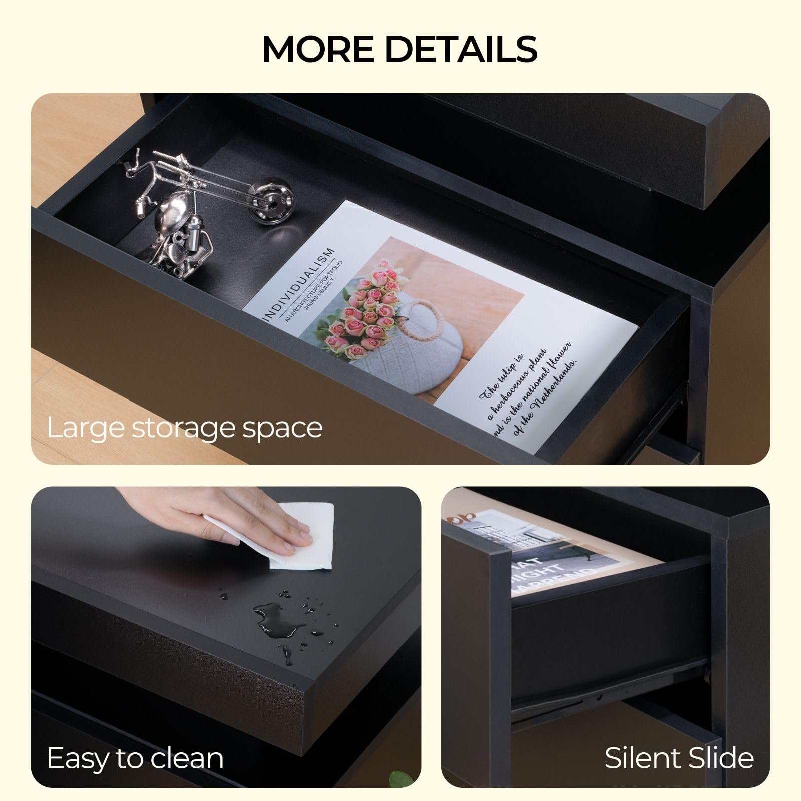 2-Piece Black Wood Nightstand Set with LED Lights & 2 Drawers - Modern Bedside Tables for Bedroom, Living Room, Dorm | Perfect for Small Spaces, Reading Nook & Storage Organization