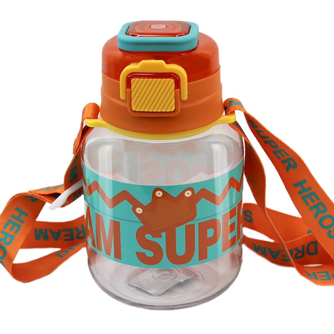 Attro Spike Kids 670ml BPA-Free Water Bottle with Straw Lid & Nylon Strap - Leak Proof, Ideal for Toddlers, School, Outdoor Activities & Travel - Orange