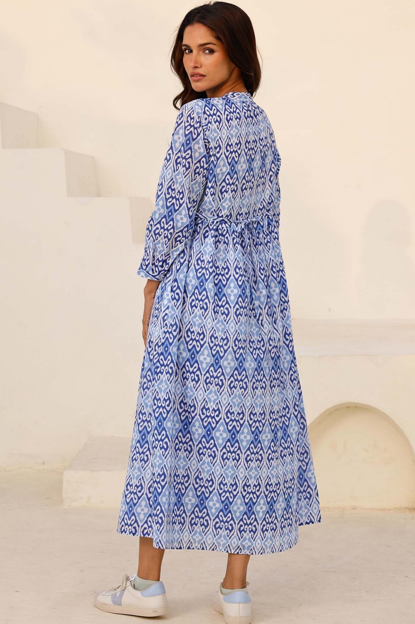 Mara Organic Cotton Dress - Ikat Print in White & Blue | Boho Chic Summer Dress for Beach, Vacation & Casual Outings