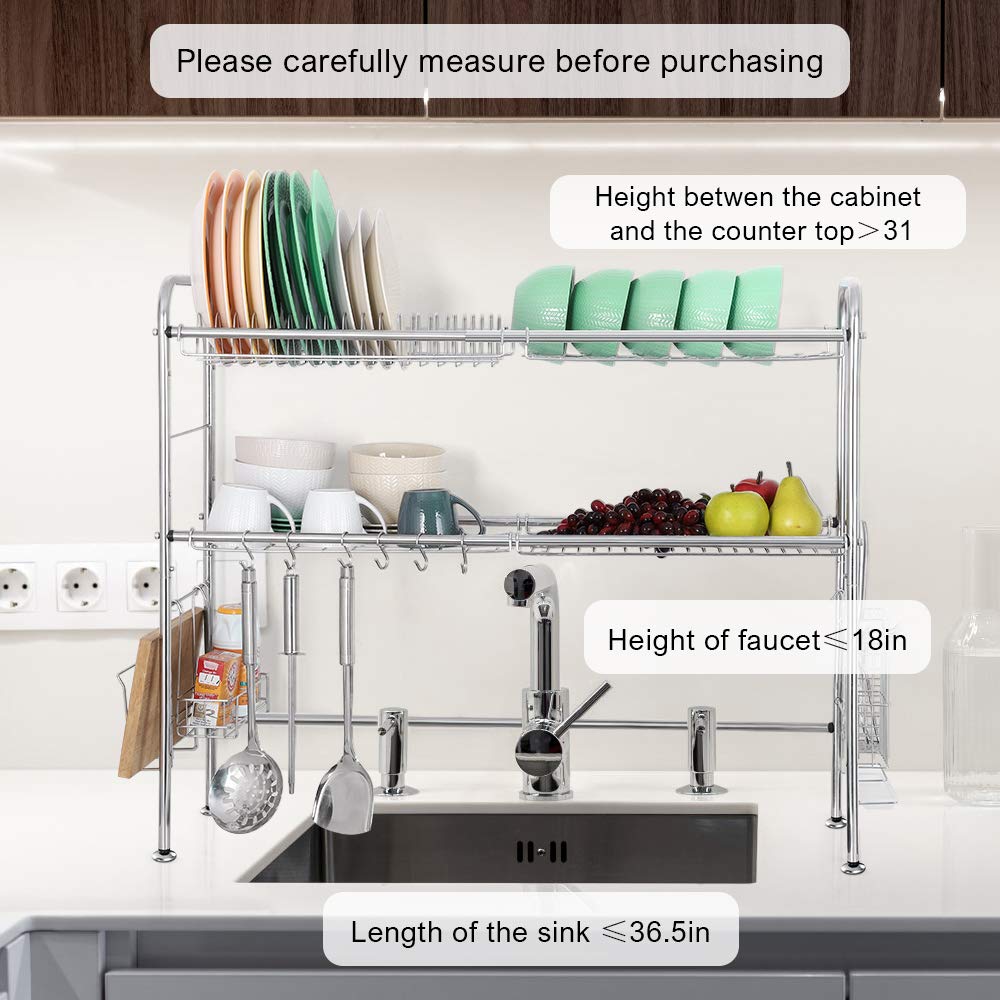 Premium 2-Tier Over The Sink Dish Drying Rack - 304 Stainless Steel Kitchen Counter Shelf with Utensil Holder Hooks (Silver) | Space-Saving Kitchen Organizer for Dishes, Cups & Cooking Tools | Perfect for Small Apartments & Compact Kitchens