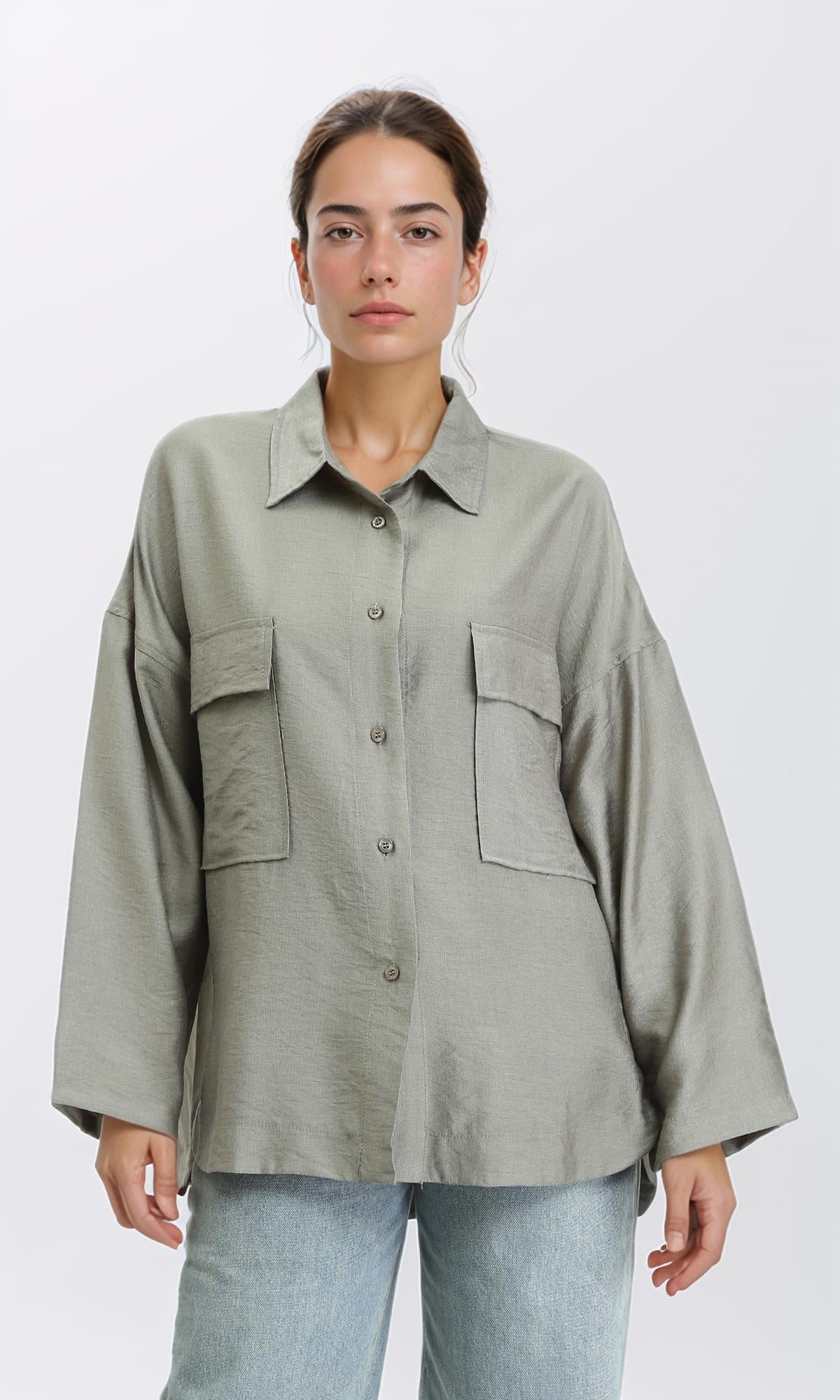 Men's Long Sleeve Button-Down Shirt with Front Pockets - Dark Olive Green Casual Workwear for Office, Outdoor & Travel