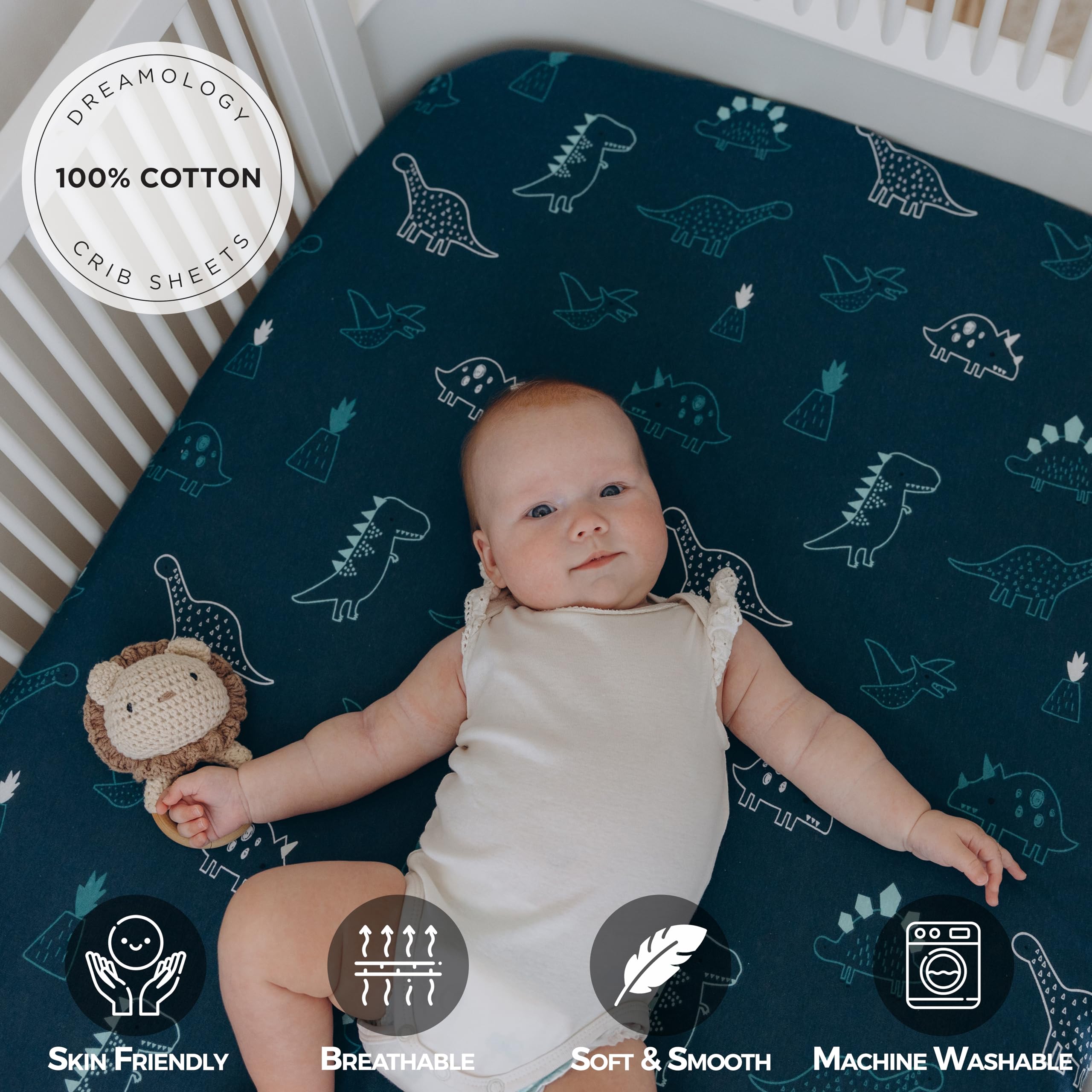 Premium 2-Pack 100% Cotton Crib Sheets for Boys & Girls - Ultra Soft Standard Crib Fitted Sheets (52x28 Inches) | Dinosaur & Denim Blue Designs | Perfect for Nursery, Daycare & Toddler Beds