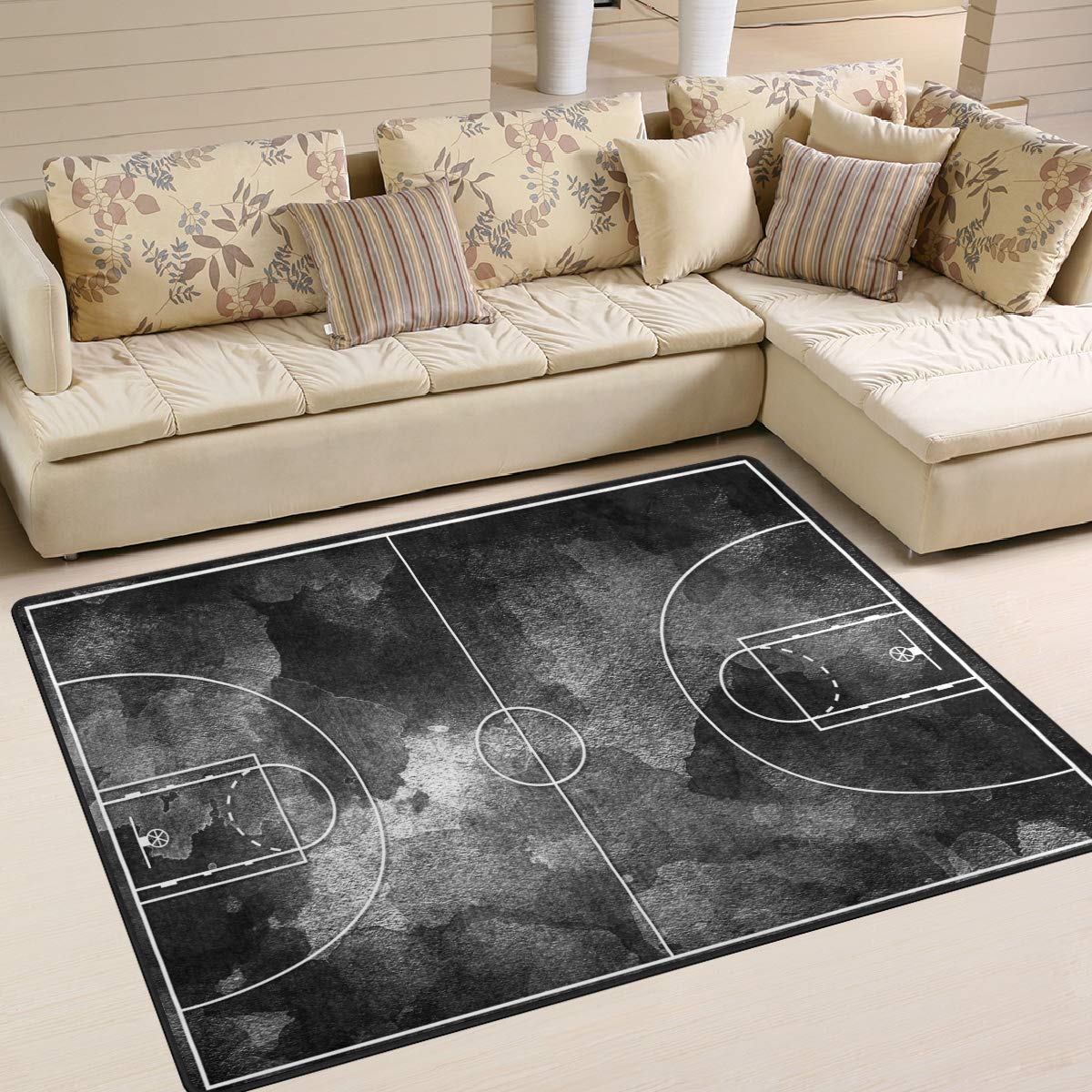 ALAZA Abstract Grunge Black Basketball Court Design Area Rug - 7' x 5' Non-Slip Indoor Rug for Living Room, Bedroom, Game Room & Man Cave - Perfect for Sports Fans and Modern Home Decor