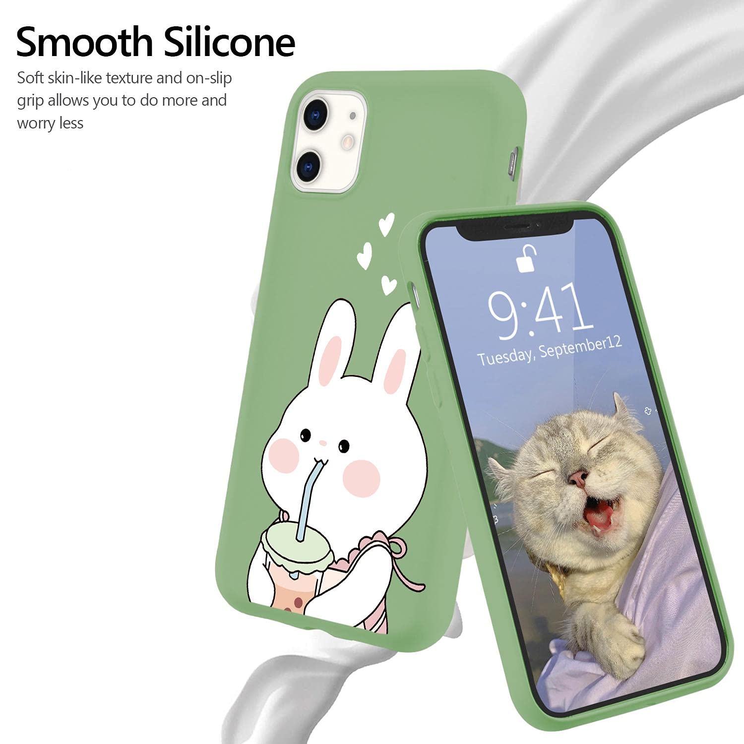 Cute Kawaii Bunny iPhone SE 2020 Case - Pearl Milk Tea Green Liquid Silicone Soft Gel Rubber Cover for iPhone 7/8 - Trendy Protective Phone Case for Women & Girls - Perfect for Daily Use, School, Work and Travel