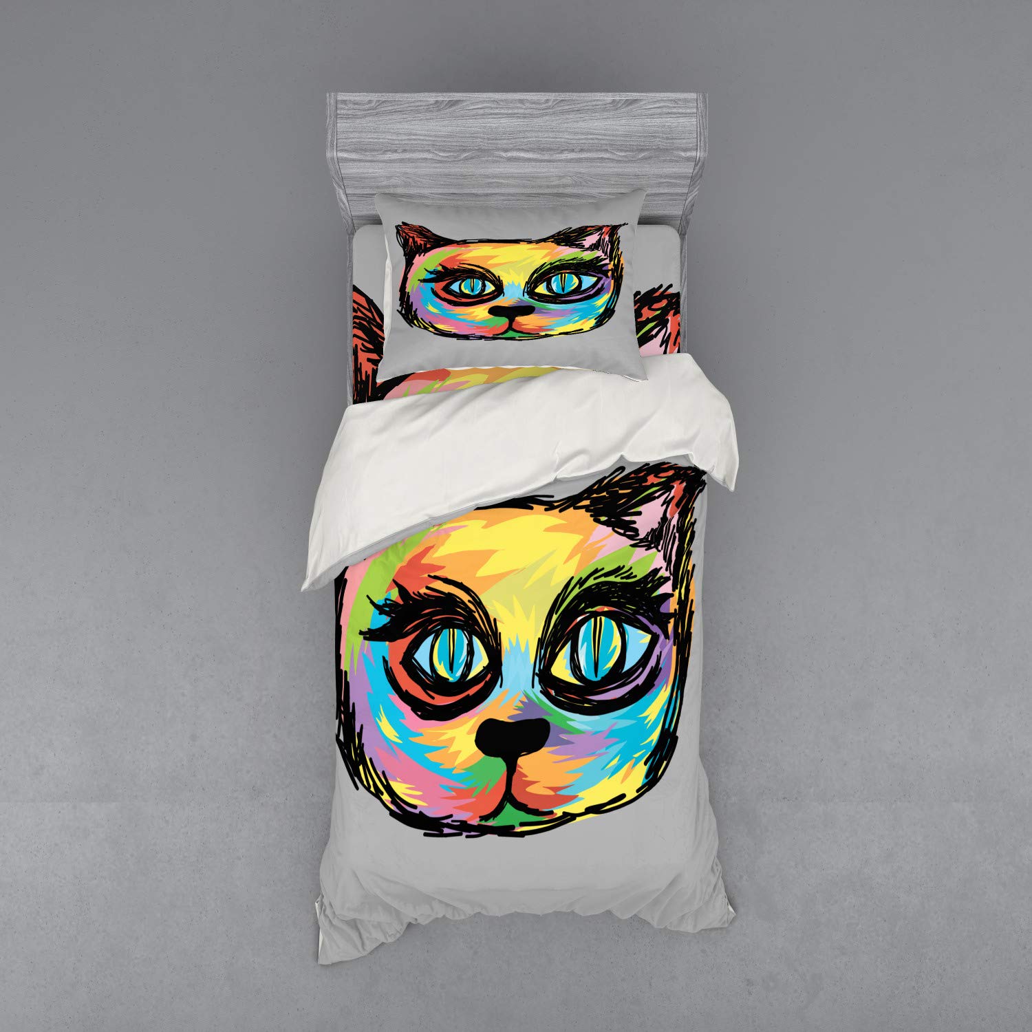 Ambesonne Cat Duvet Cover Set - Colorful Dark Paint Cat Head with Big Sketchy Eyes, 3-Piece Twin Size Bedding Set (Duvet Cover + Sham + Fitted Sheet) - Unique Animal Print Design for Kids & Adults Bedroom Decor