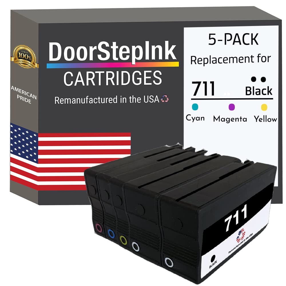 HP 711 Ink Cartridges 5-Pack (2 Black, Cyan, Magenta, Yellow) - Remanufactured in USA - Compatible with DesignJet T120 & T520 Printers - High-Quality Printer Ink Replacement with Original Chip - Perfect for Office Printing, CAD Drawings & Large Format Documents