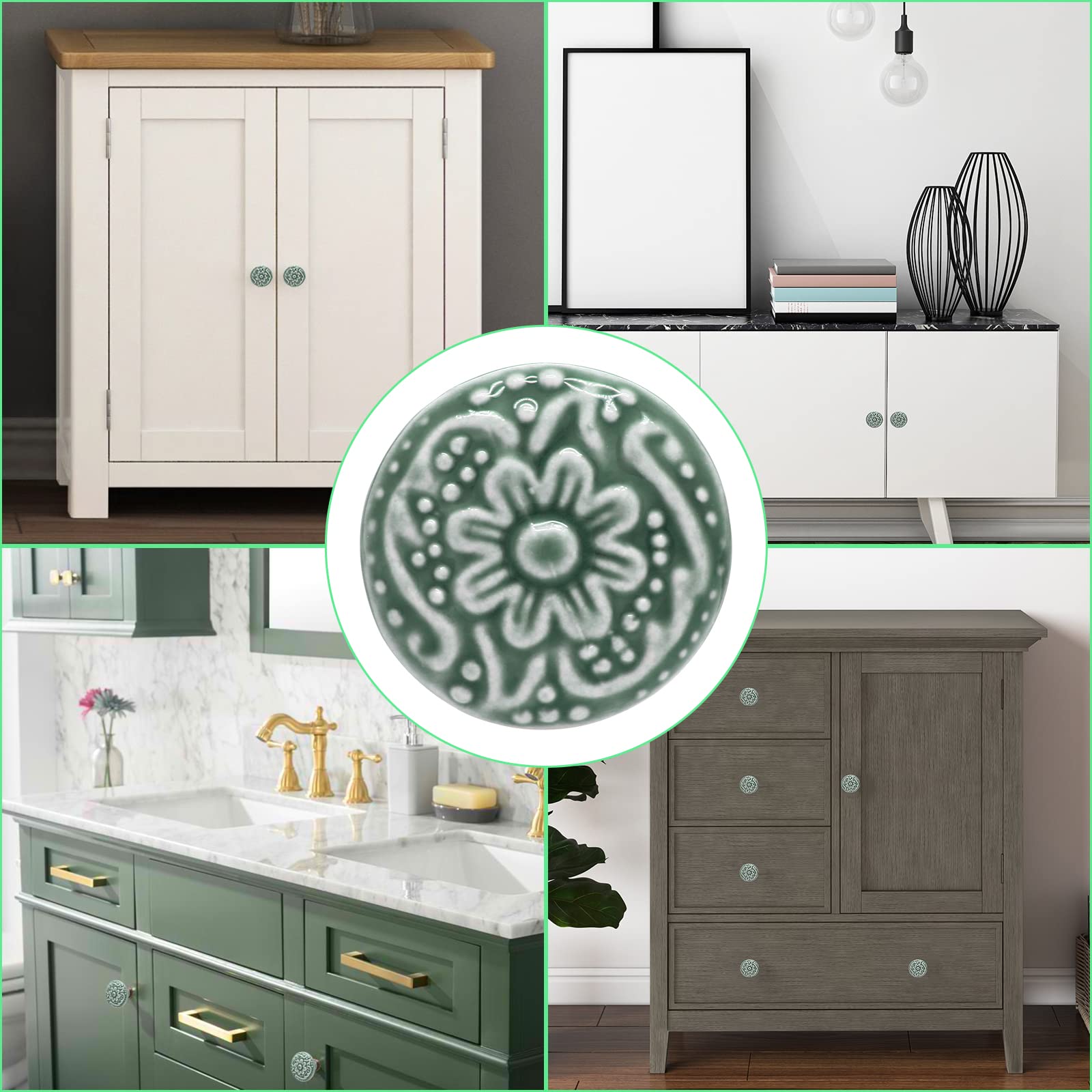 Green Ceramic Knobs - Retro Kitchen & Furniture Drawer Pulls (10Pcs) for Cabinets, Dressers