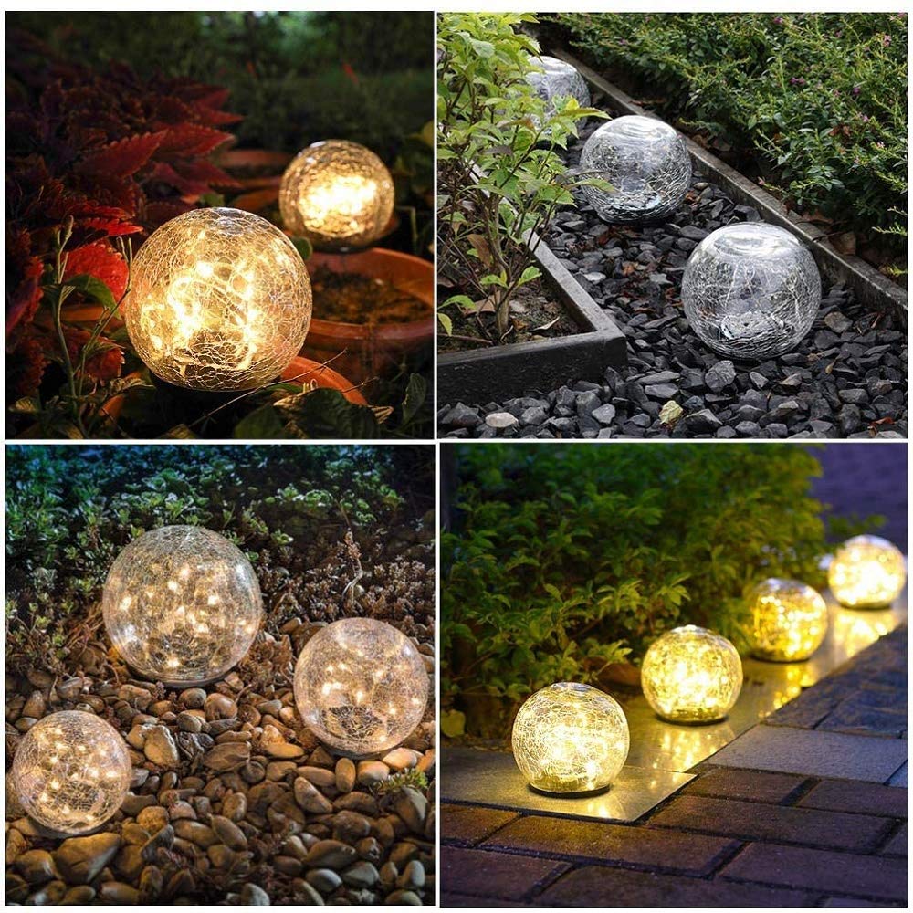 2 Pack Solar Crack Glass Ball Ground Lights - Warm White LED Garden & Lawn Spotlights - Waterproof Outdoor Landscape Lighting for Christmas, Wedding, Pathway, Patio, Yard Decor (Big + Small Size)